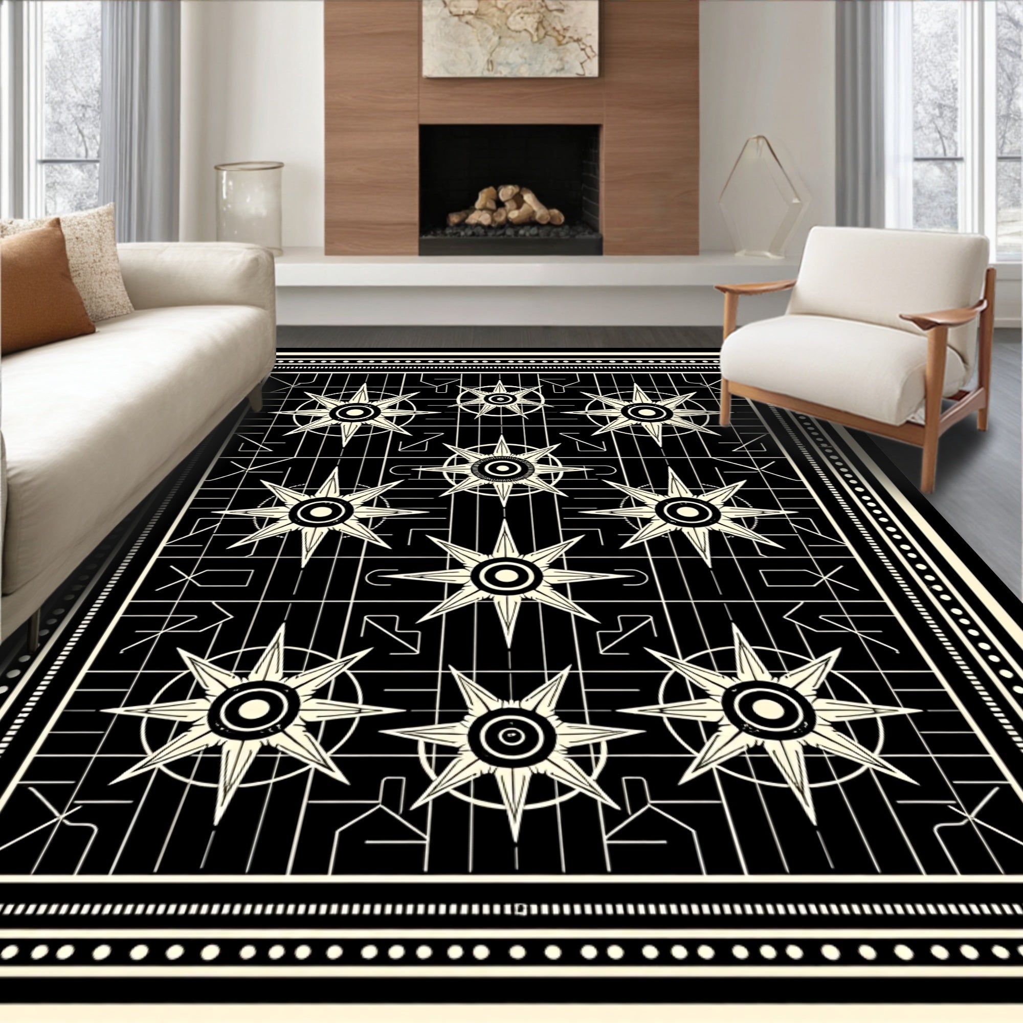Geometric Starburst Patterned Art Deco Rug