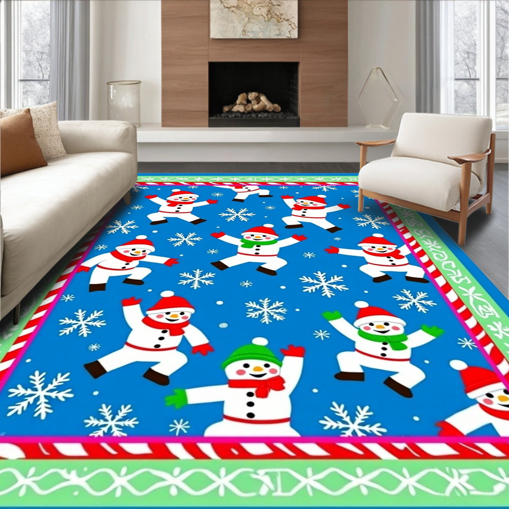 Joyful Snowmen Snowflake Winter Blue Background Rug