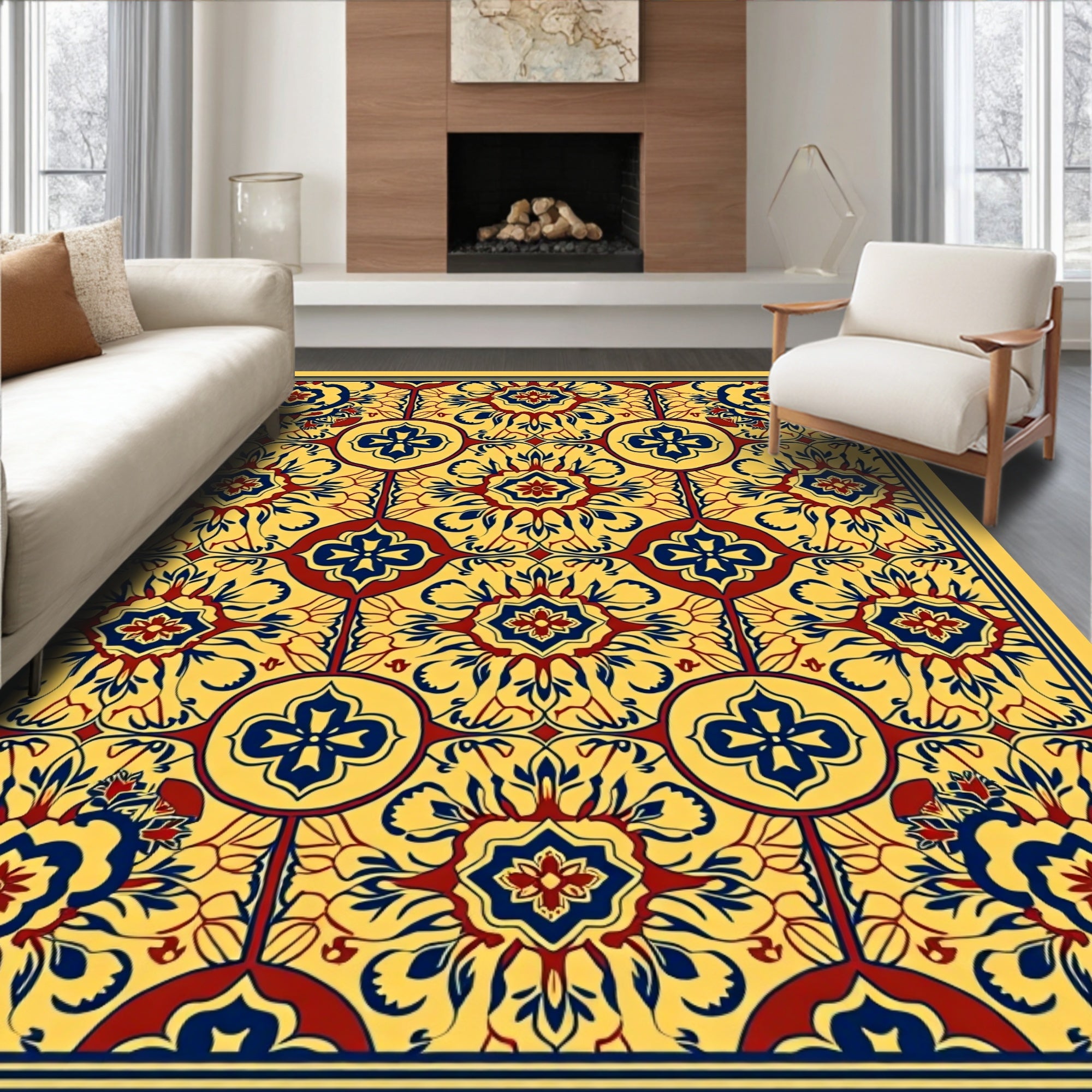 Ornate Floral Medallion Yellow Red Blue Rug