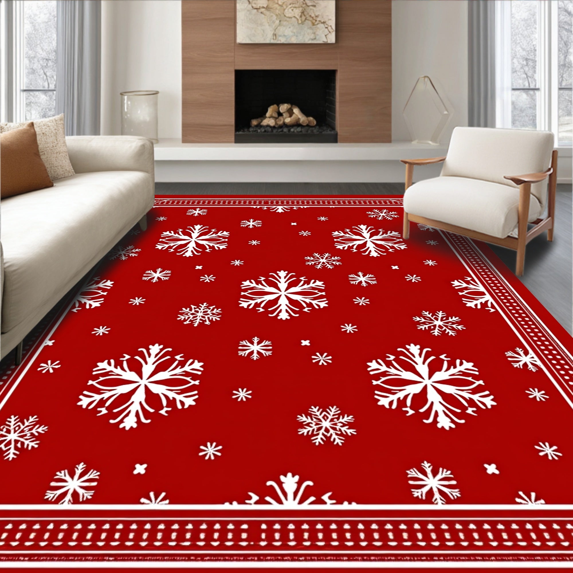 Festive White Snowflake Red Pattern Rug
