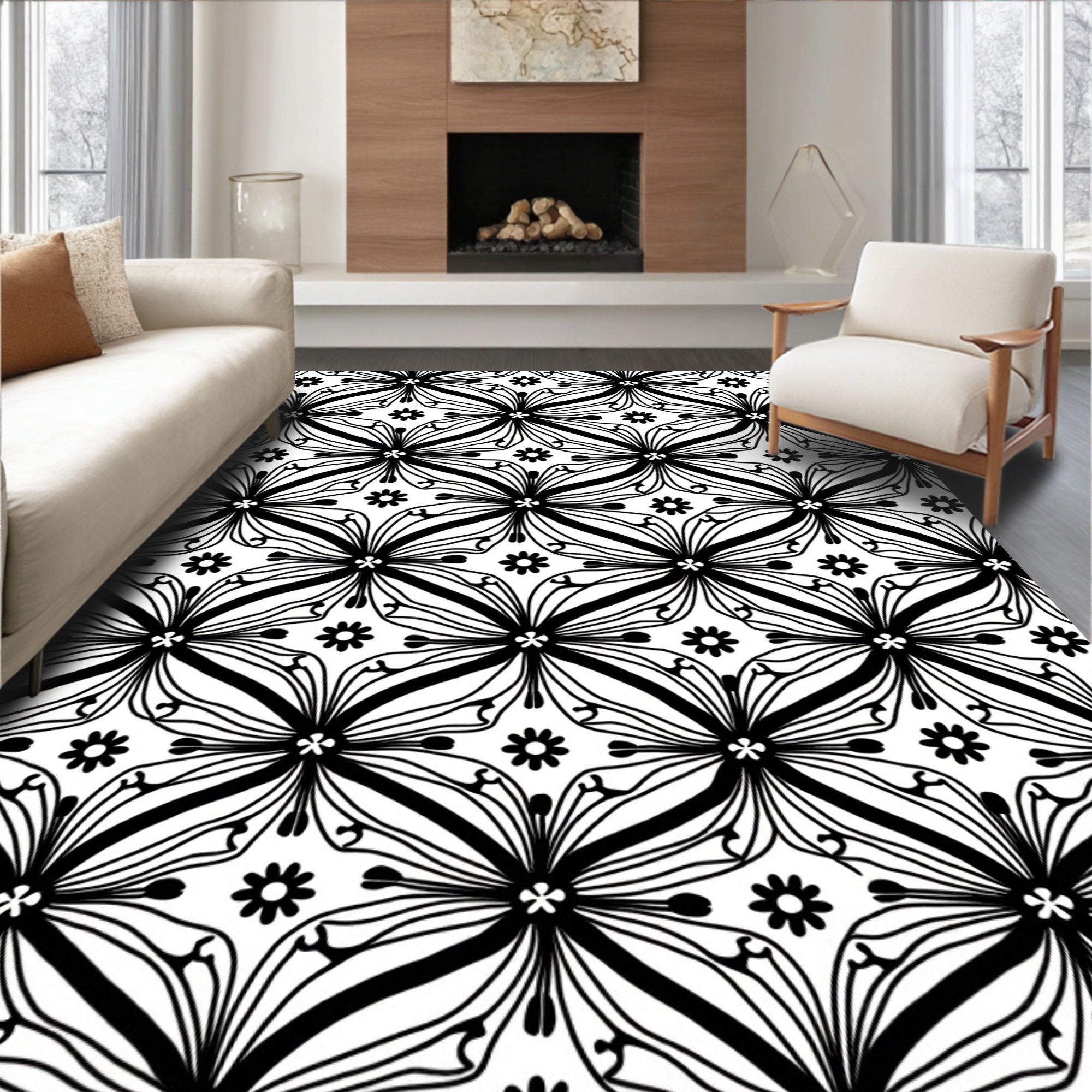 Black White Floral Star Pattern Rug