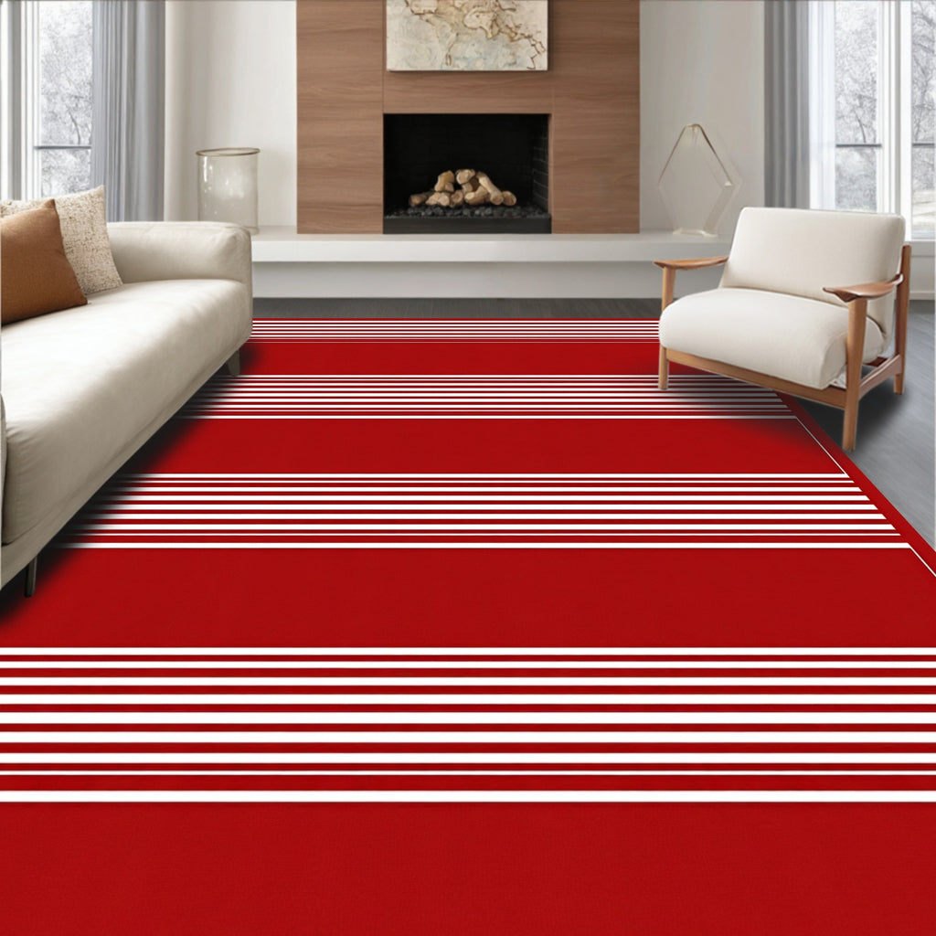 Crimson Red And White Striped Design Rug