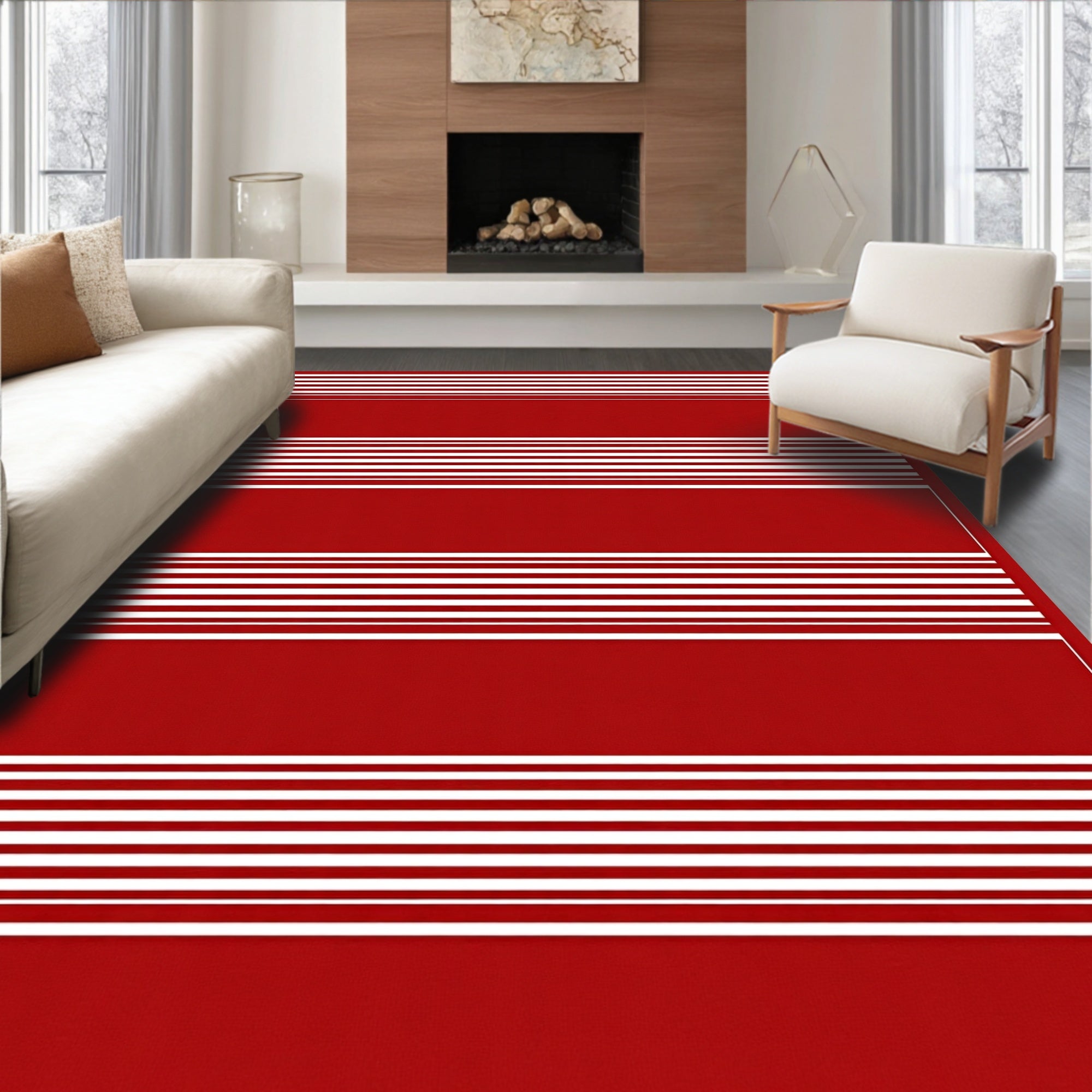 Crimson Red And White Striped Design Rug