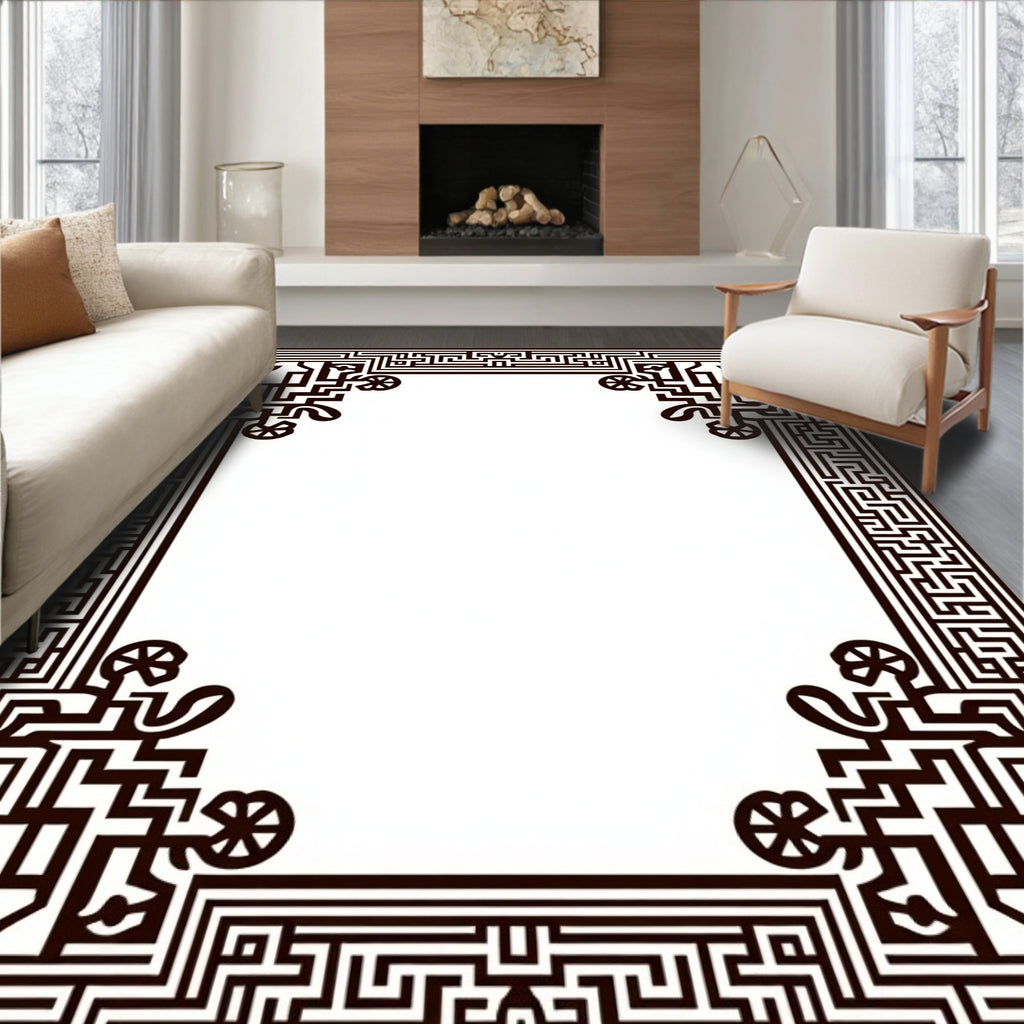 Intricate Black Maze Border Pattern Rug