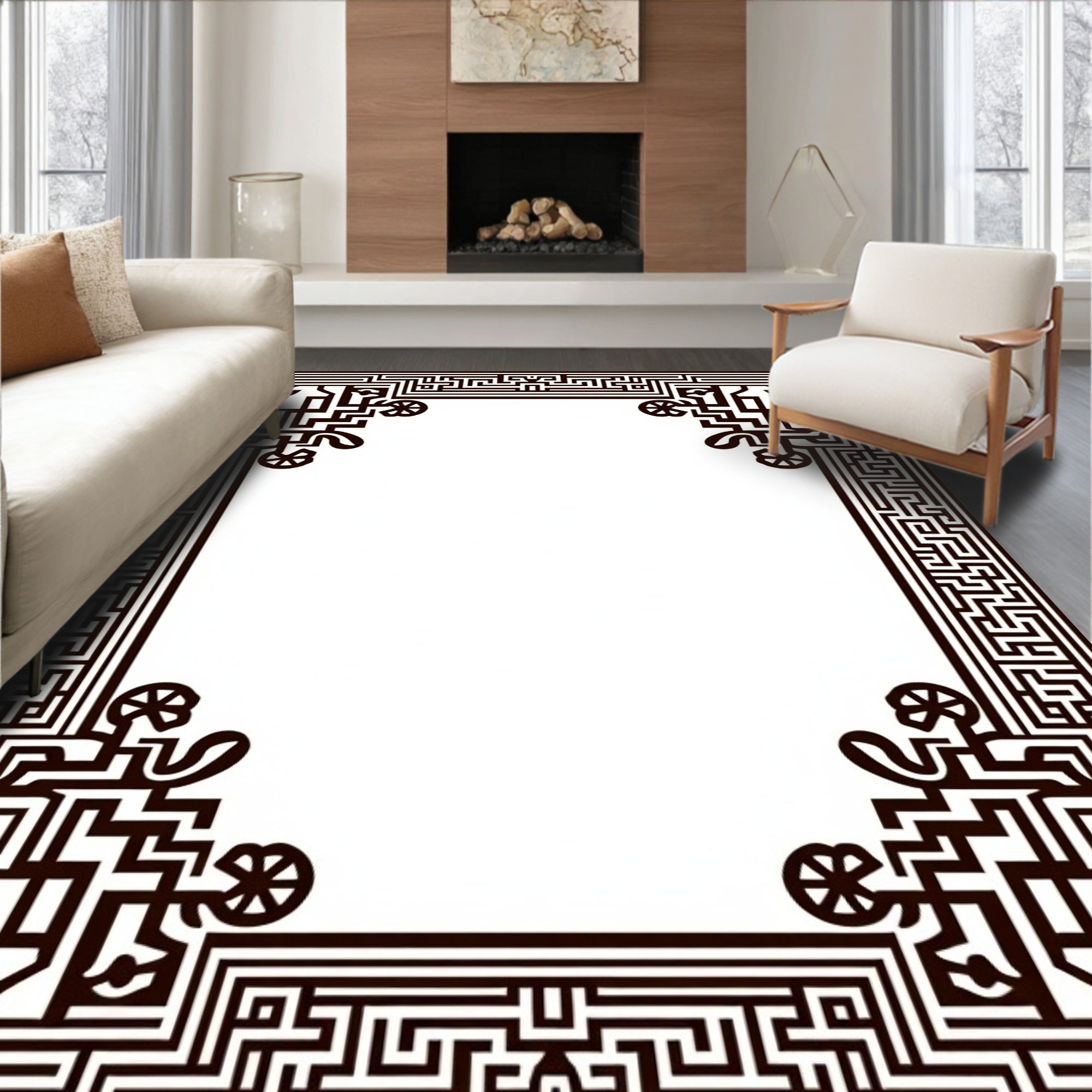 Intricate Black Maze Border Pattern Rug