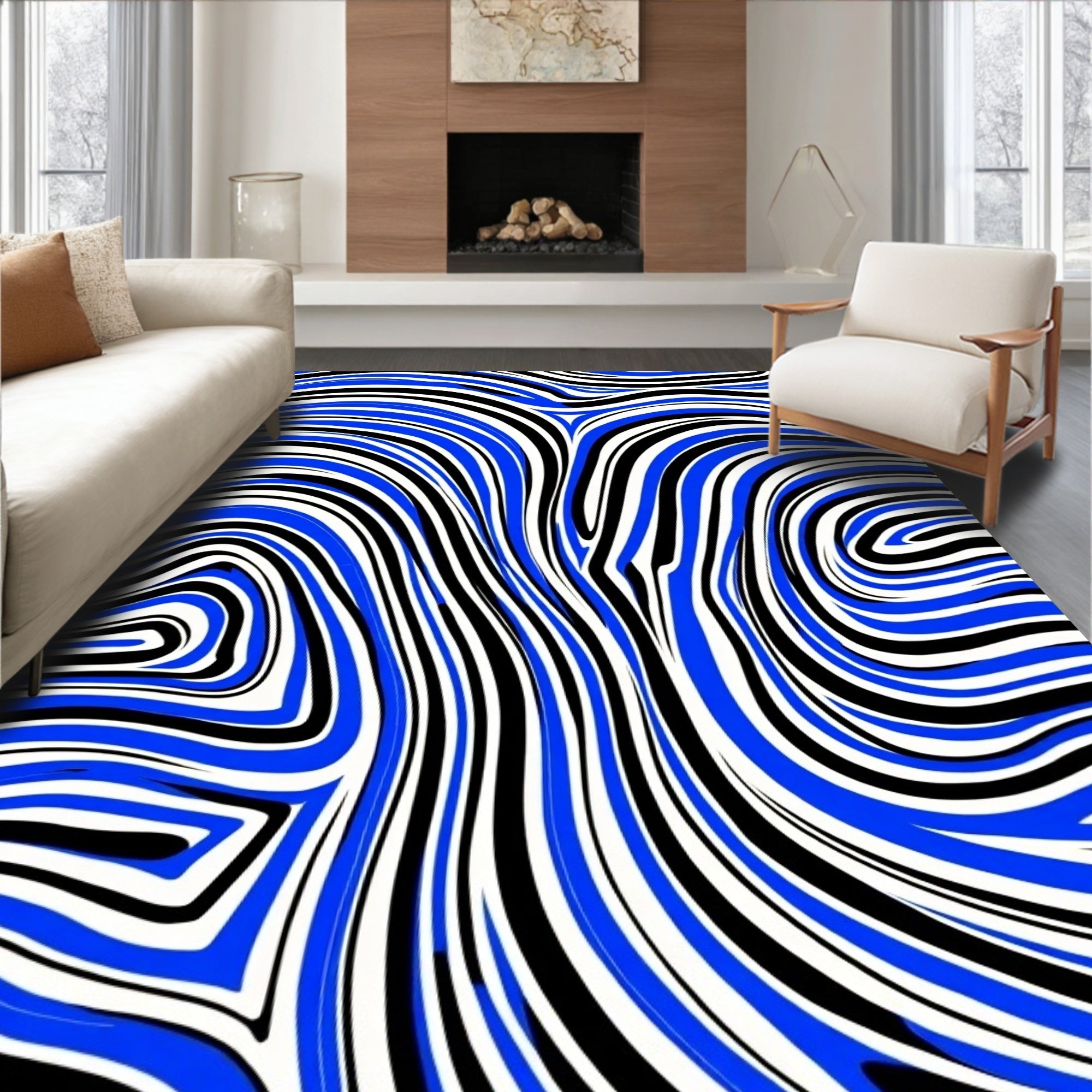 Bold Blue Black Swirl Pattern Rug