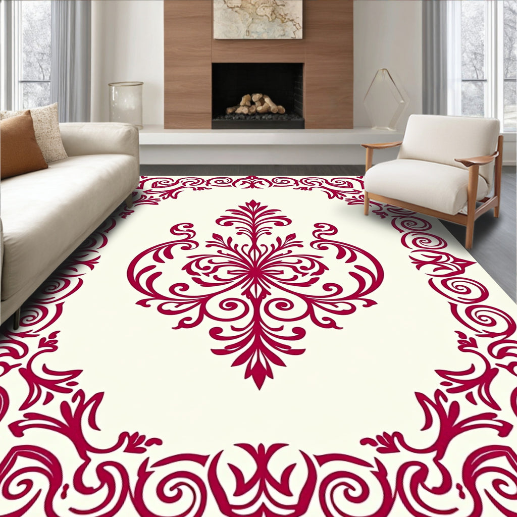 Regal Red Floral Scroll Pattern Rug
