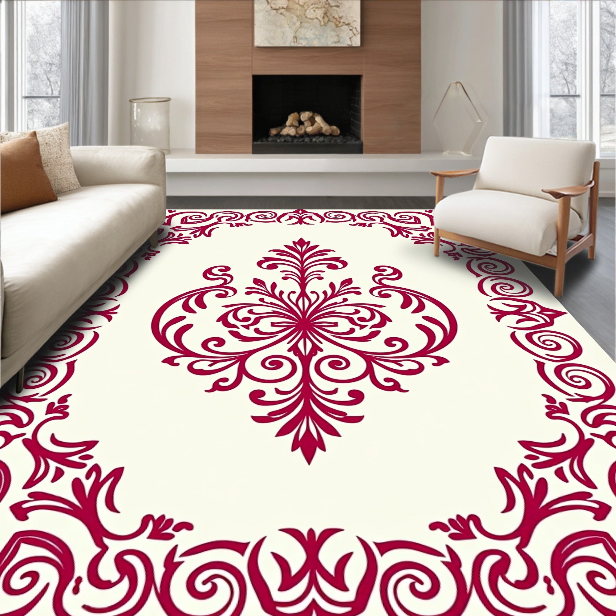 Regal Red Floral Scroll Pattern Rug