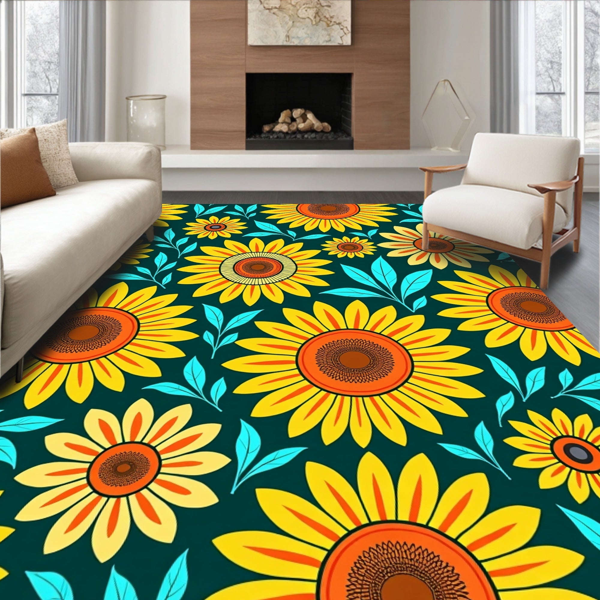 Bright Yellow Sunflower Pattern Rug