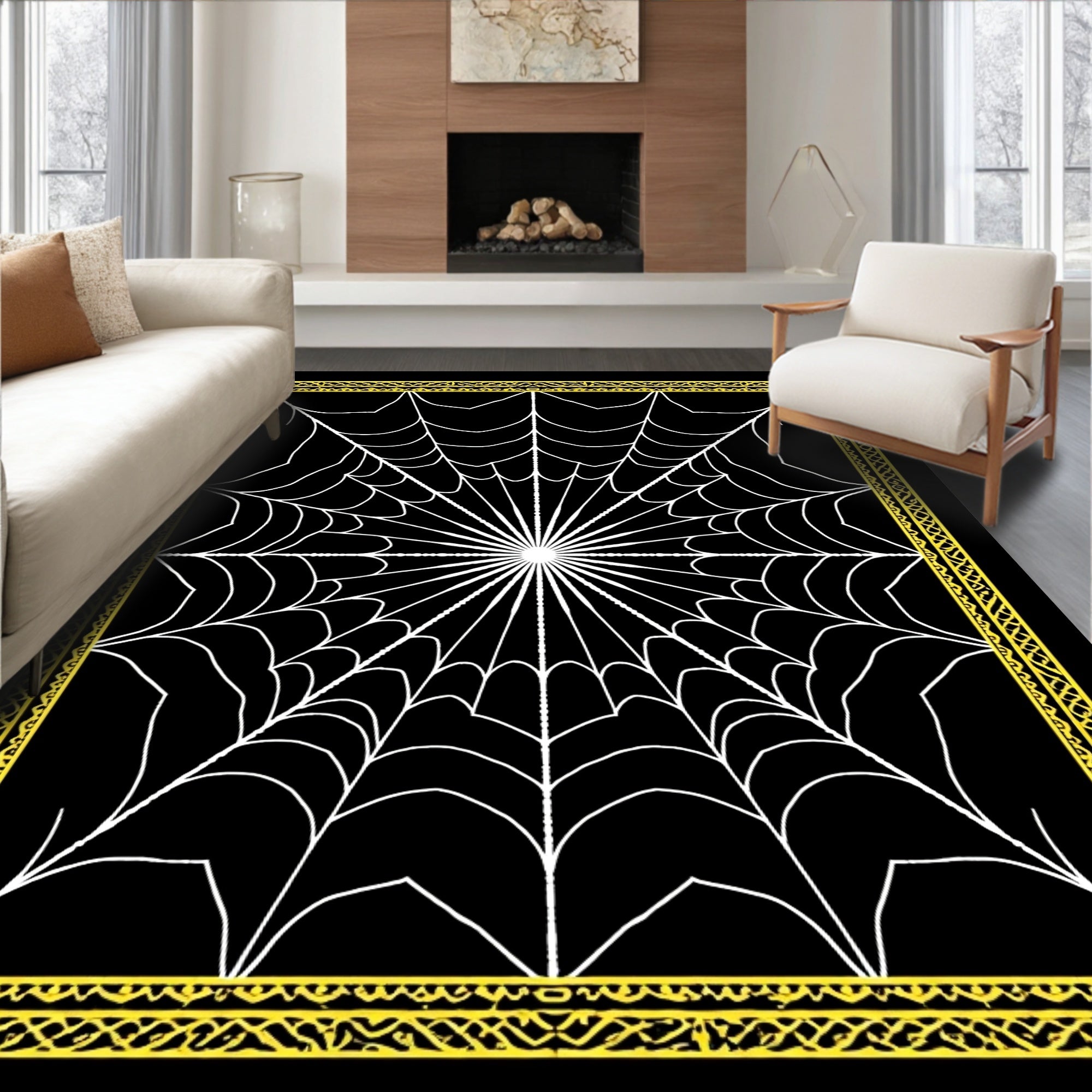 Black White Yellow Spiderweb Pattern Rug