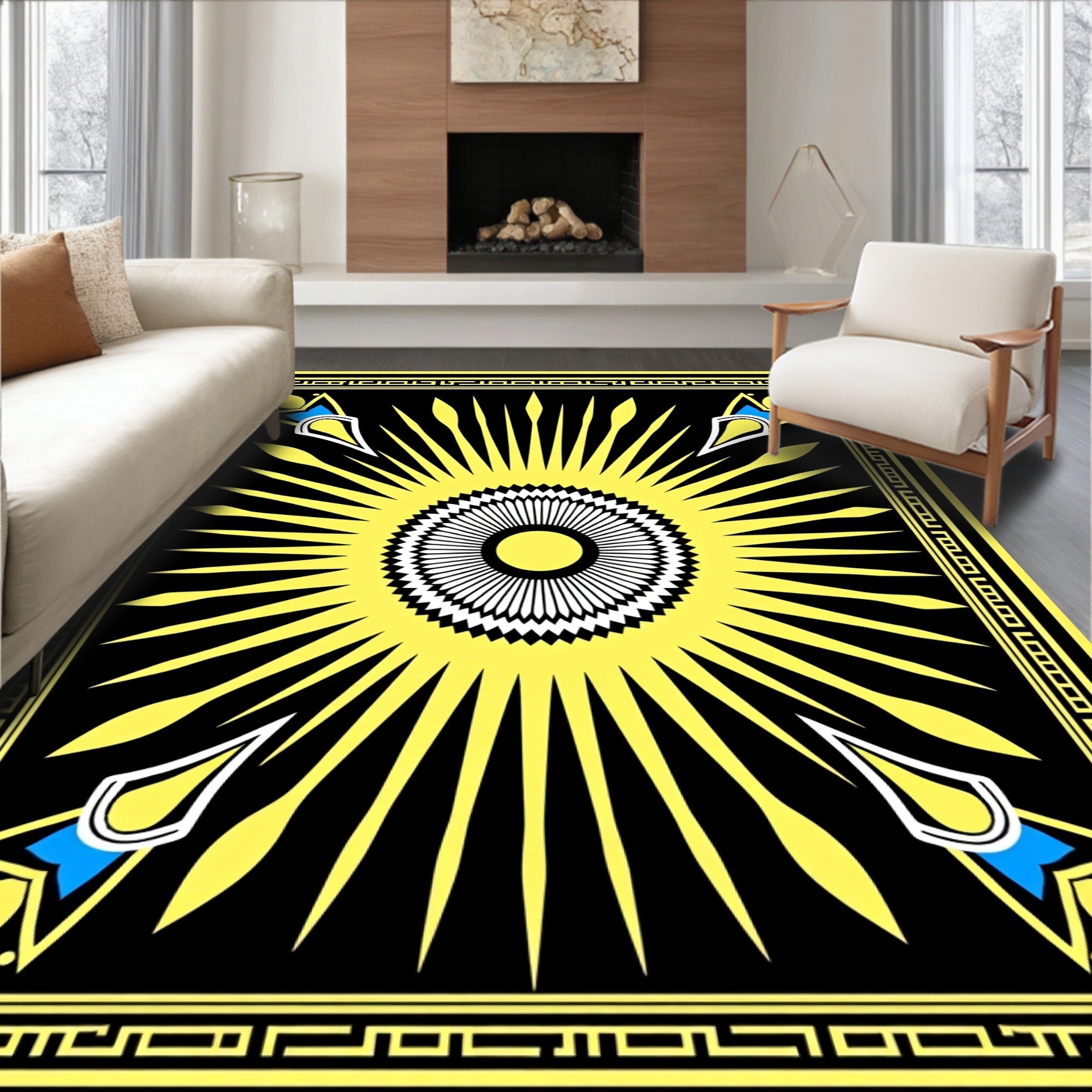 Radiant Sun With Geometric Border Design Rug