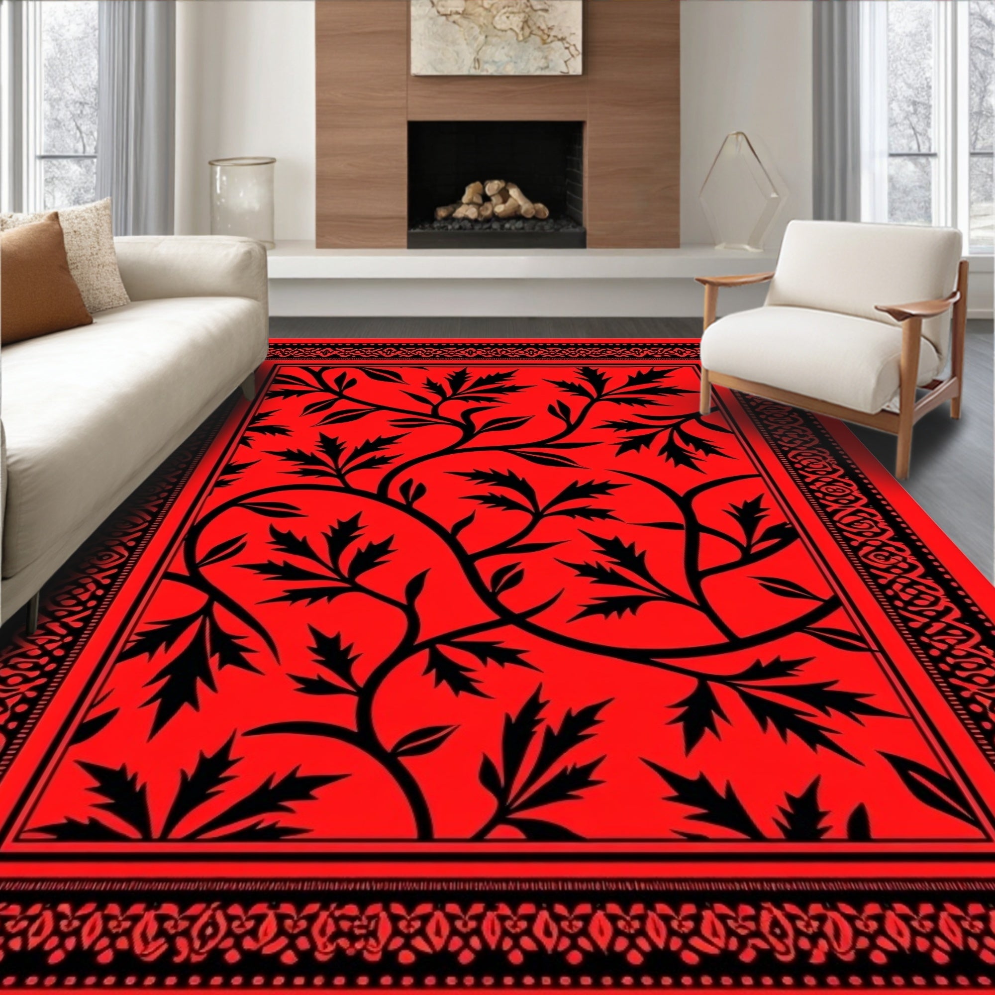 Crimson Black Branch Floral Medallion Rug