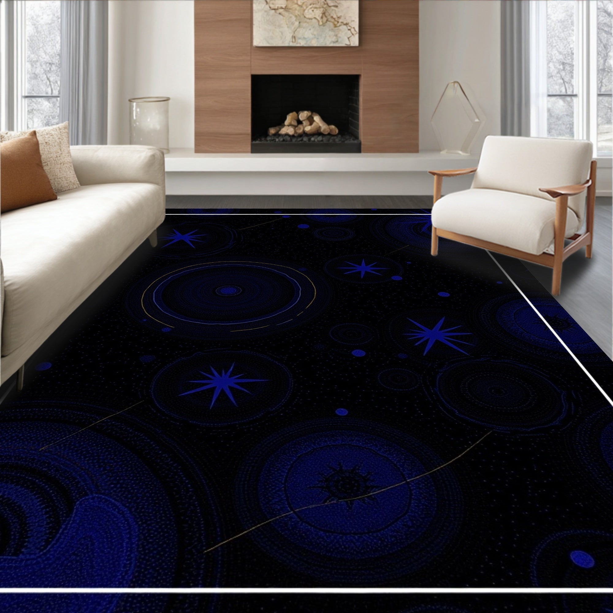 Deep Blue Starburst Abstract Pattern Rug