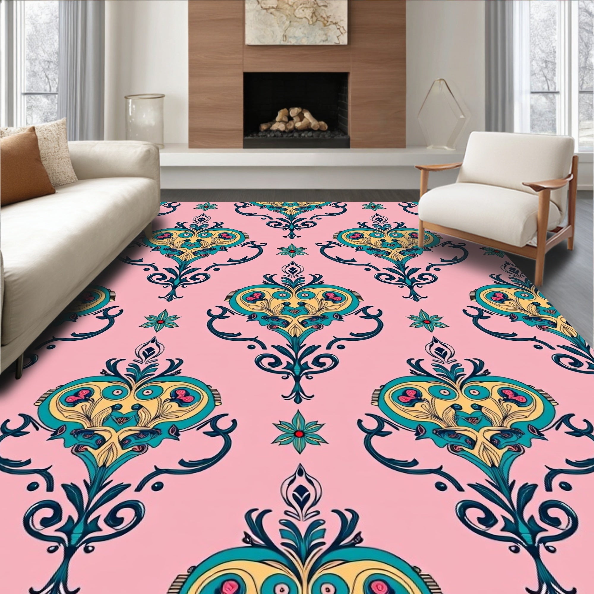 Elaborate Teal Yellow Floral Damask Rug