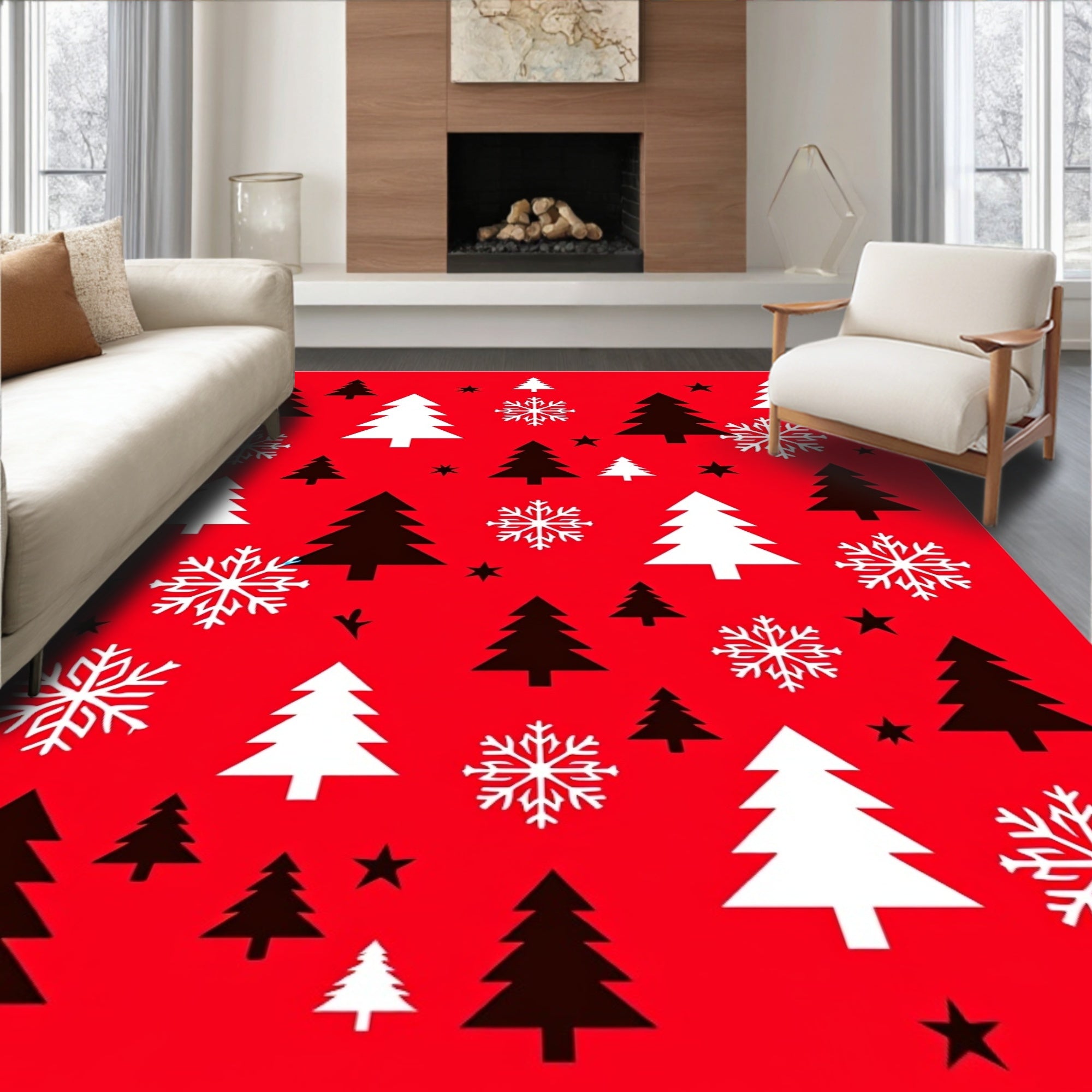 Festive Trees and Snowflakes Pattern Rug