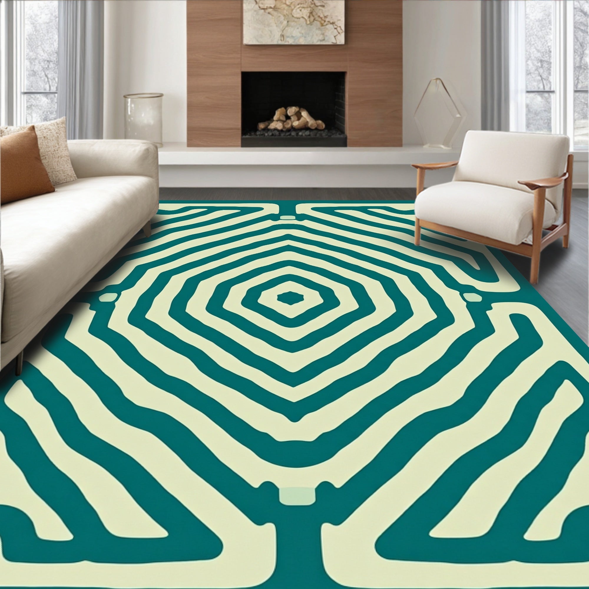 Teal Cream Concentric Diamond Pattern Rug