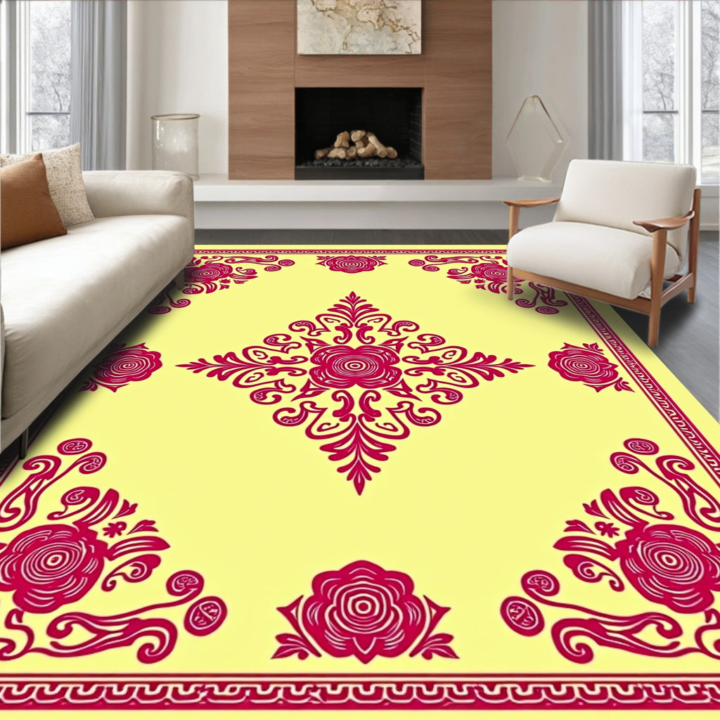 Fuchsia Rose And Scroll Pattern Design Rug