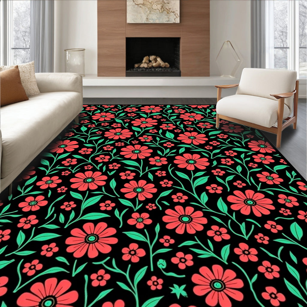 Red Floral Vines Pattern Rug