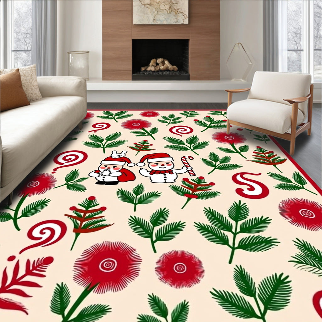 Christmas Cartoon Red Green Foliage Rug
