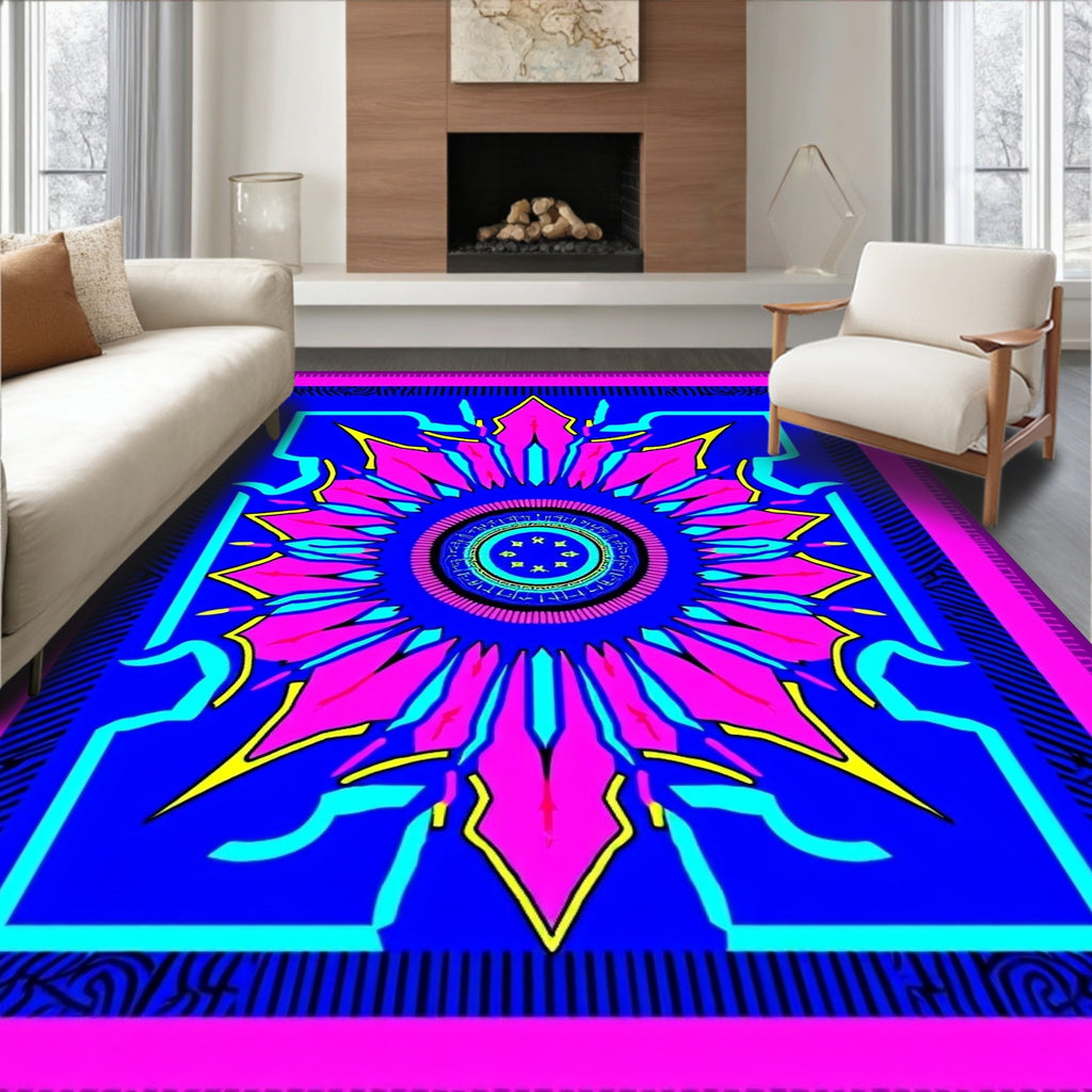 Vibrant Geometric Sunburst Mandala Pattern Rug