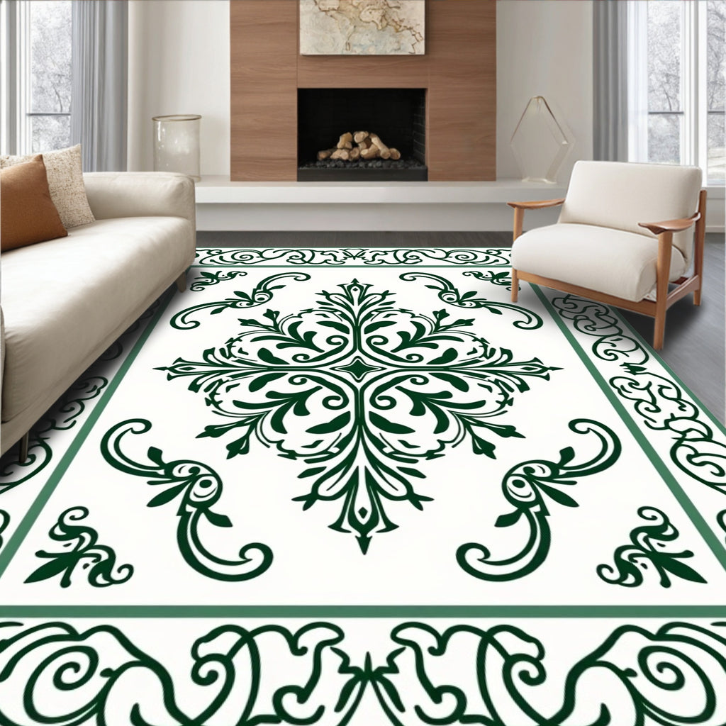 Elegant Green Floral Scroll Pattern Rug