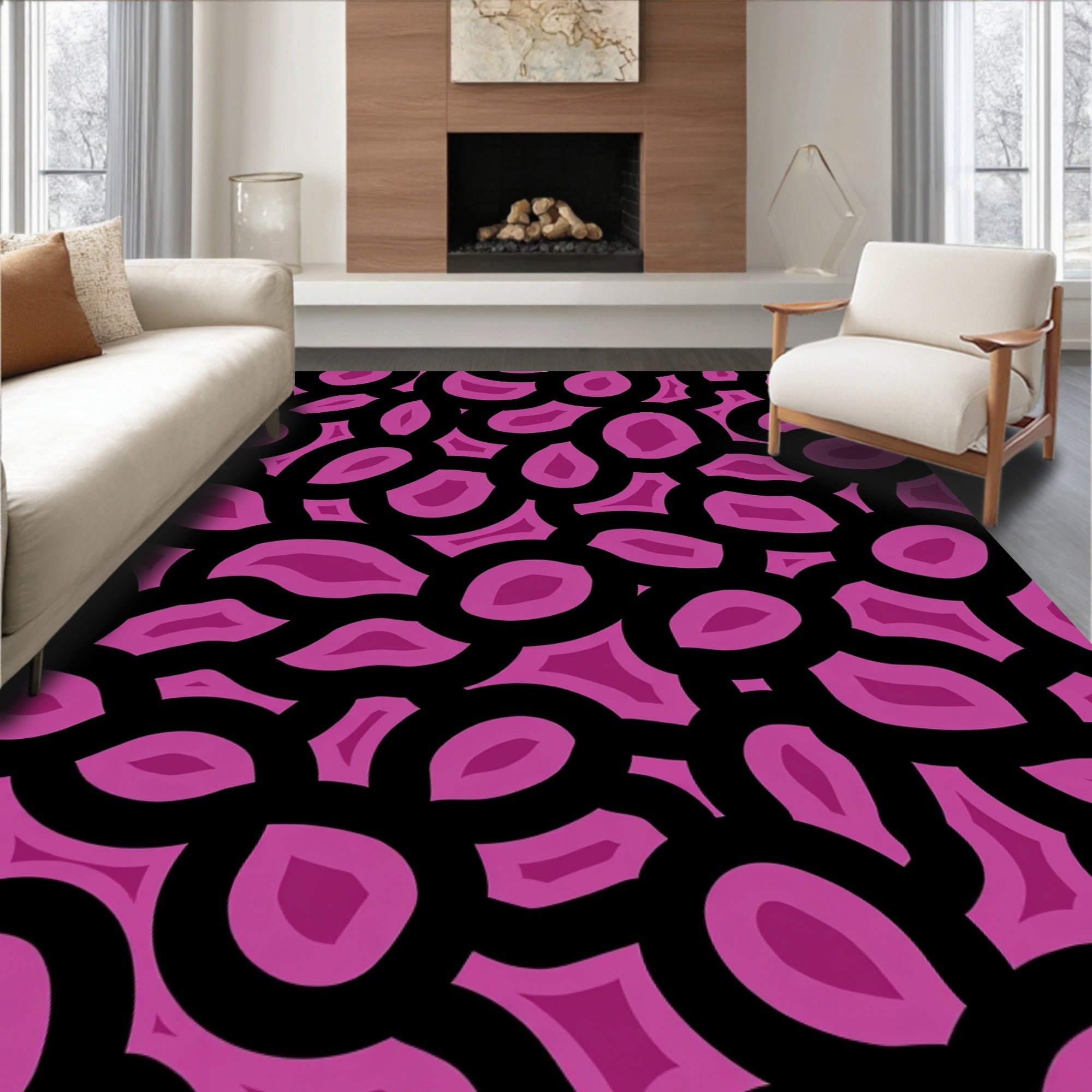 Abstract Pink And Black Shape Pattern Rug