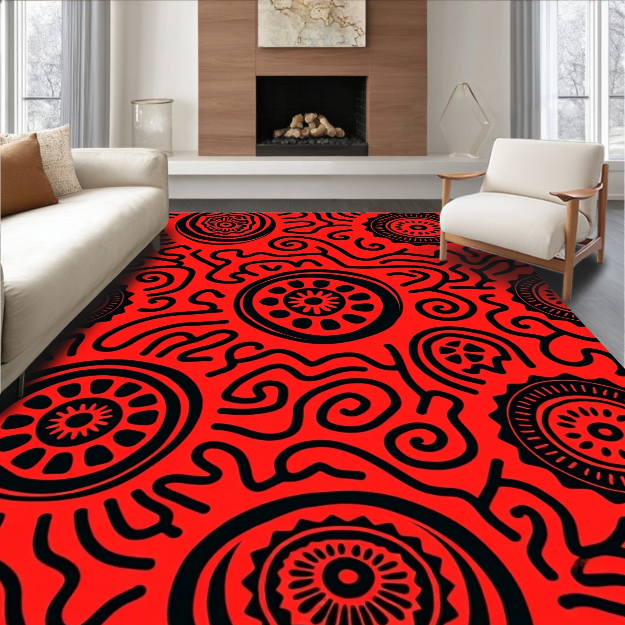 Bold Red Black Tribal Pattern Rug