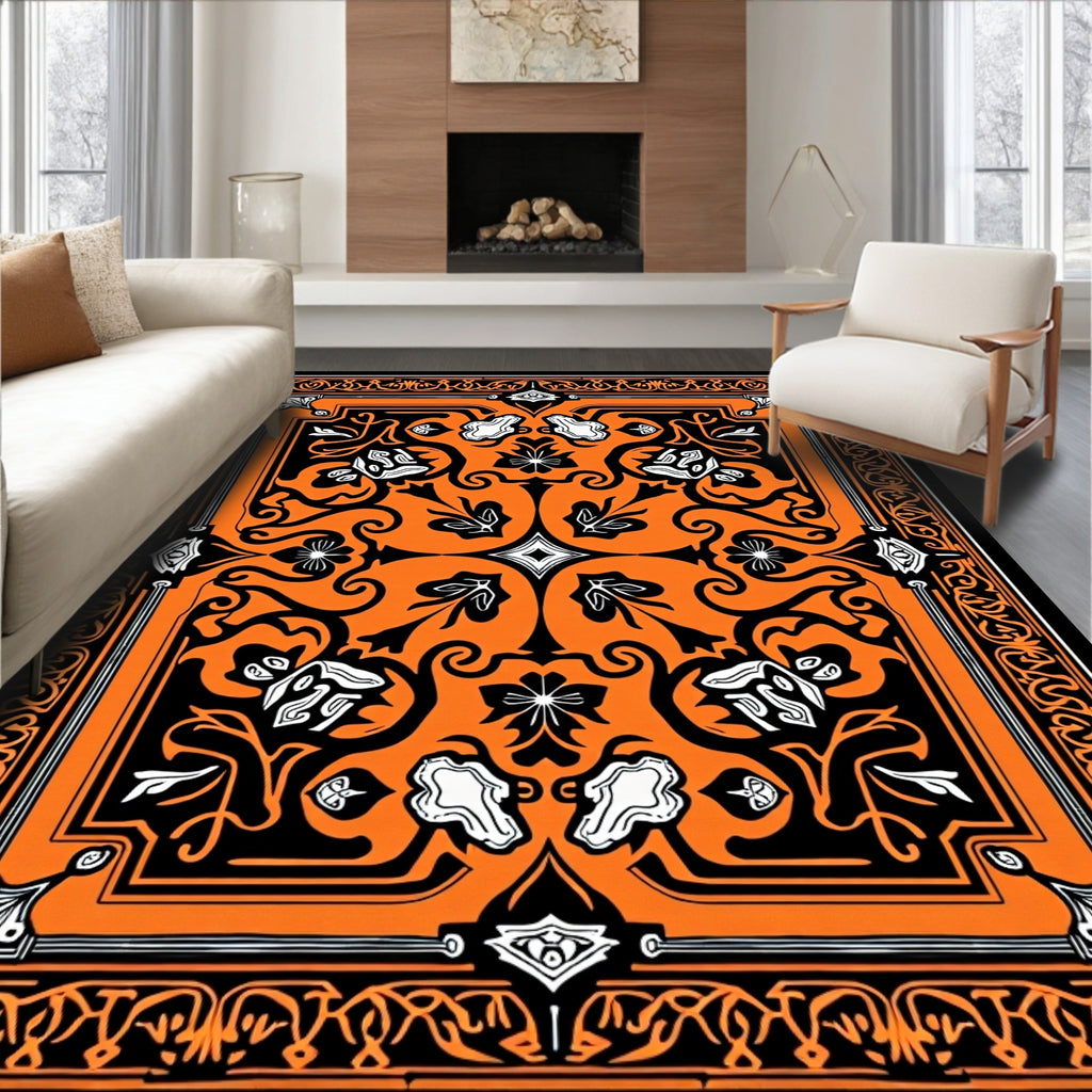 Vibrant Orange Black Floral Medallion Design Rug