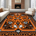 Vibrant Orange Black Floral Medallion Design Rug