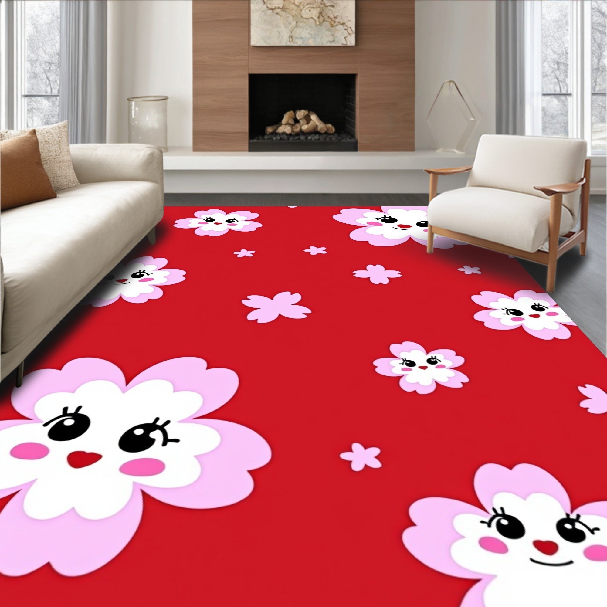 Playful Pink Flower Pattern Rug