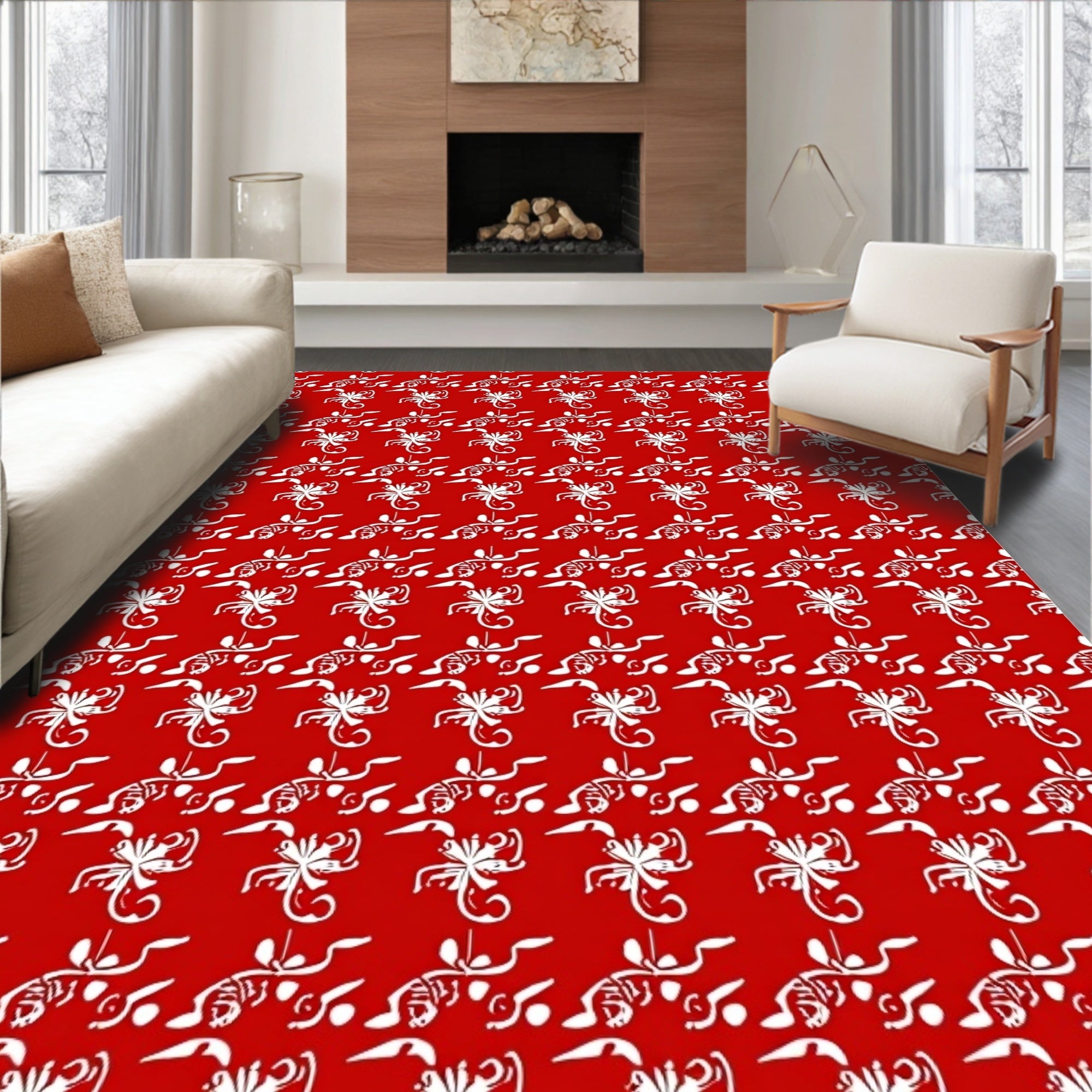 Red White Stylized Floral Pattern Rug