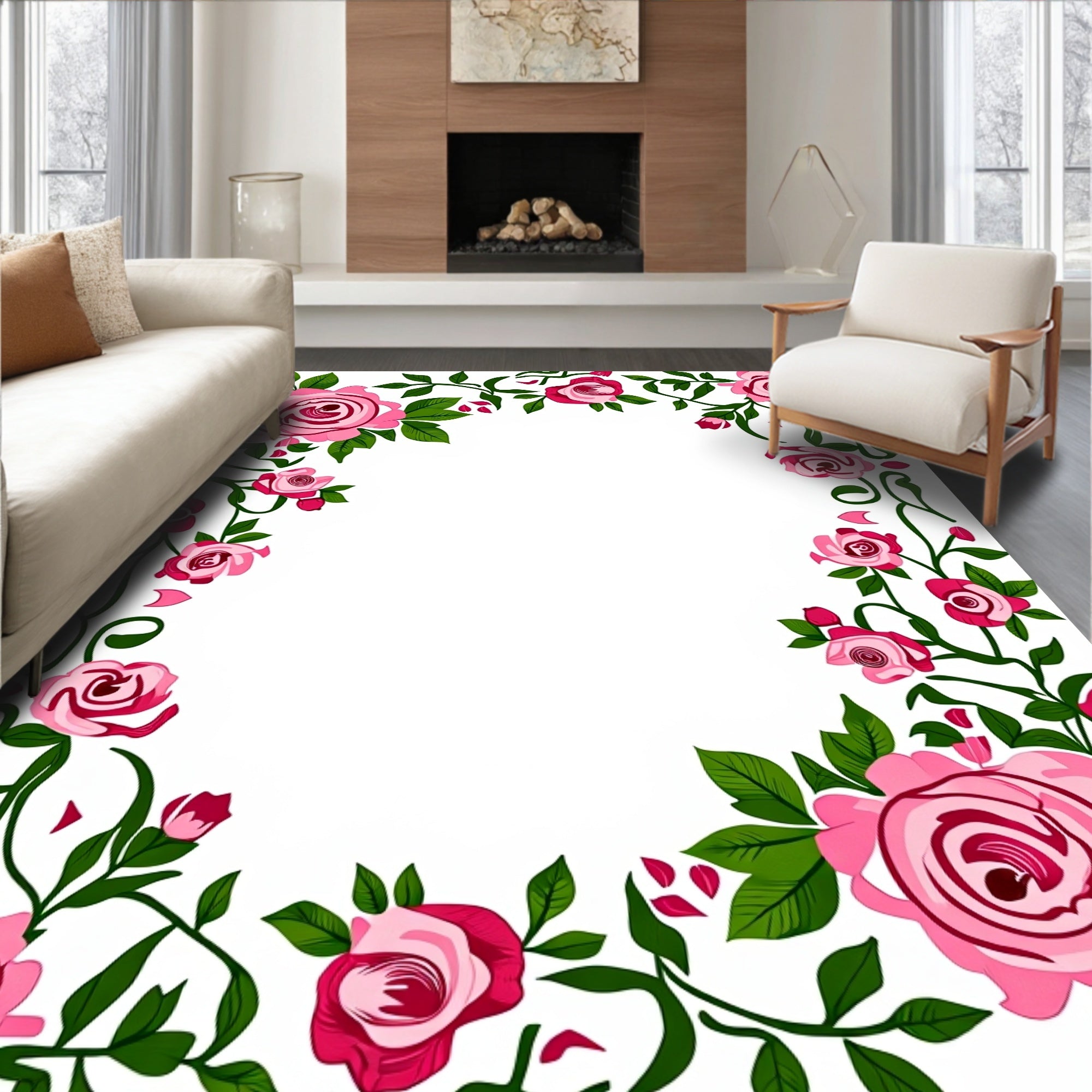 Pink Rose Vine Patterned Rug