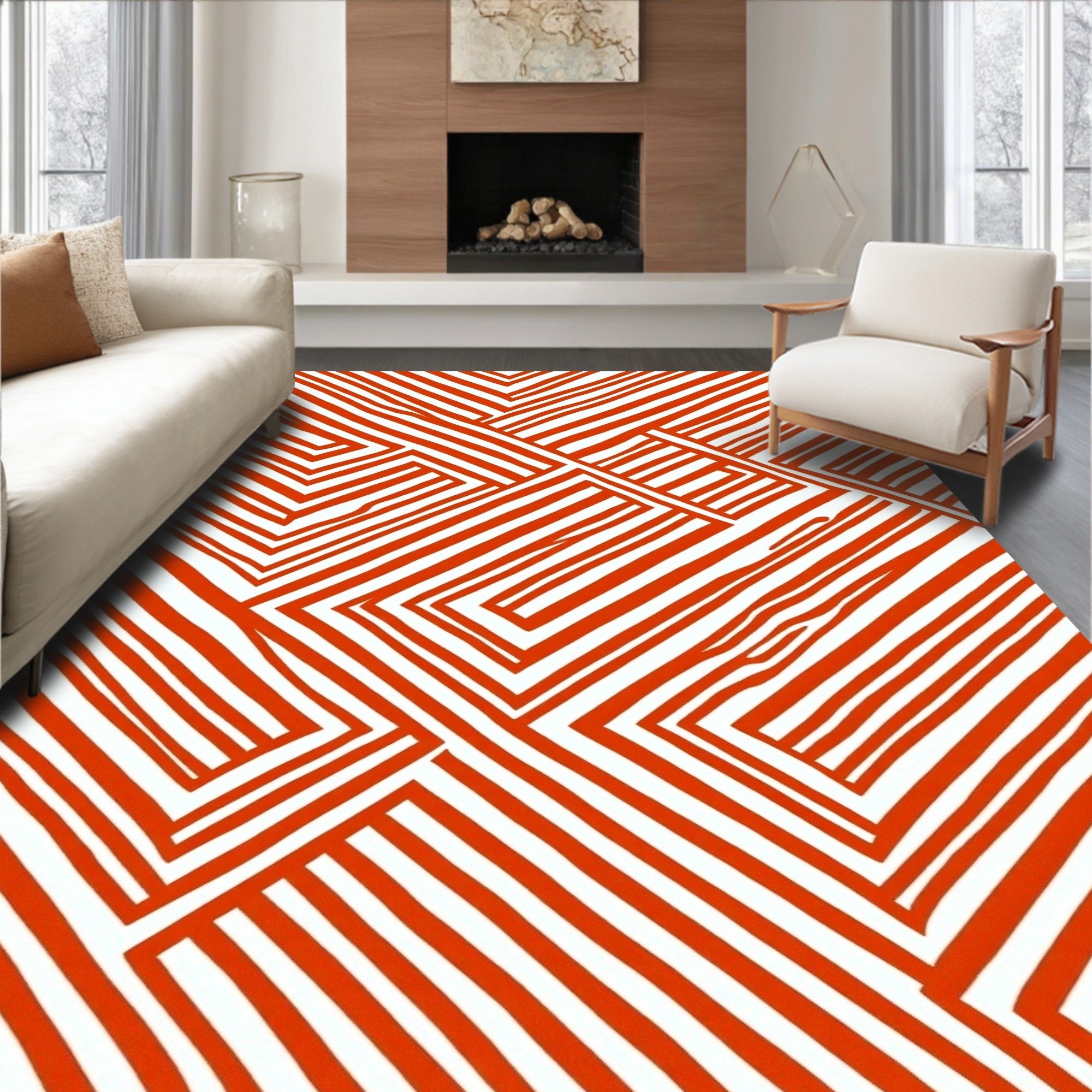 Bold Geometric Orange Stripe Design Rug
