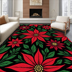 Classic Red Poinsettia Floral Black Rug