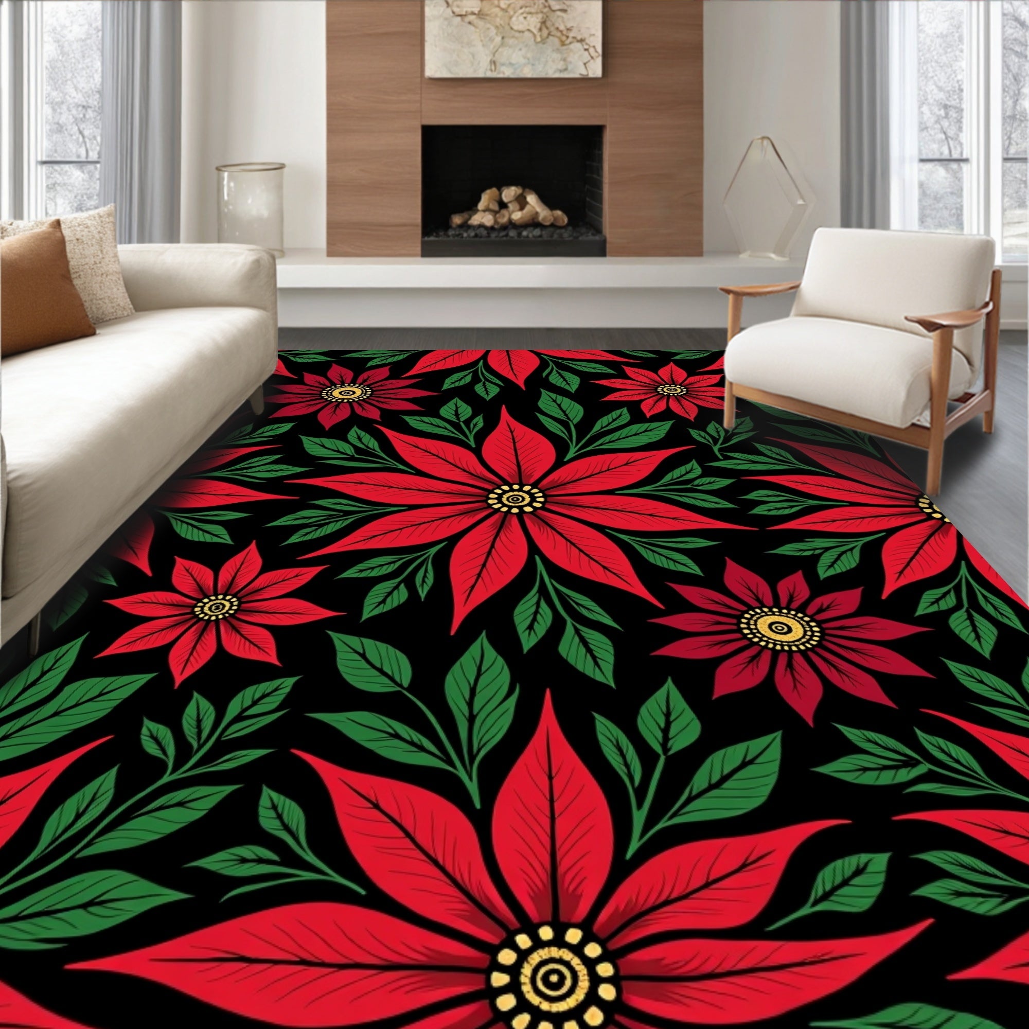 Classic Red Poinsettia Floral Black Rug