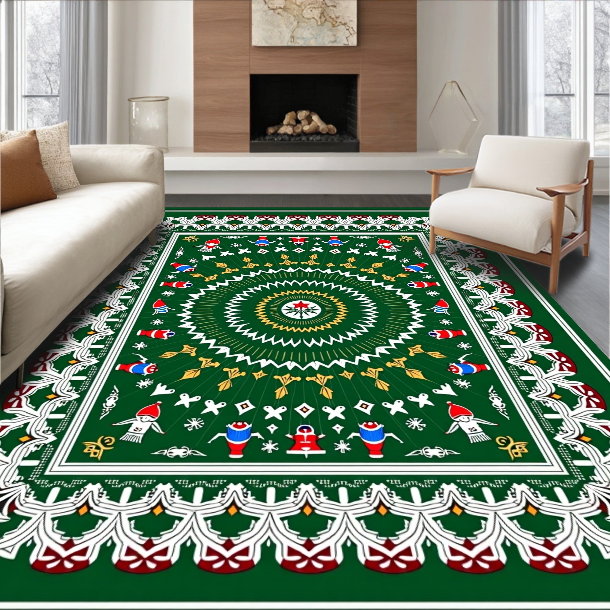 Vibrant Green Circular Festive Design Rug
