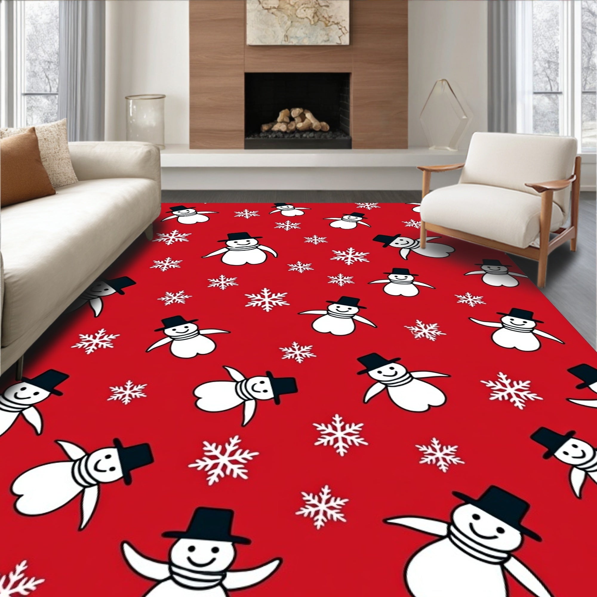 Snowman Snowflake Red Festive Pattern Rug