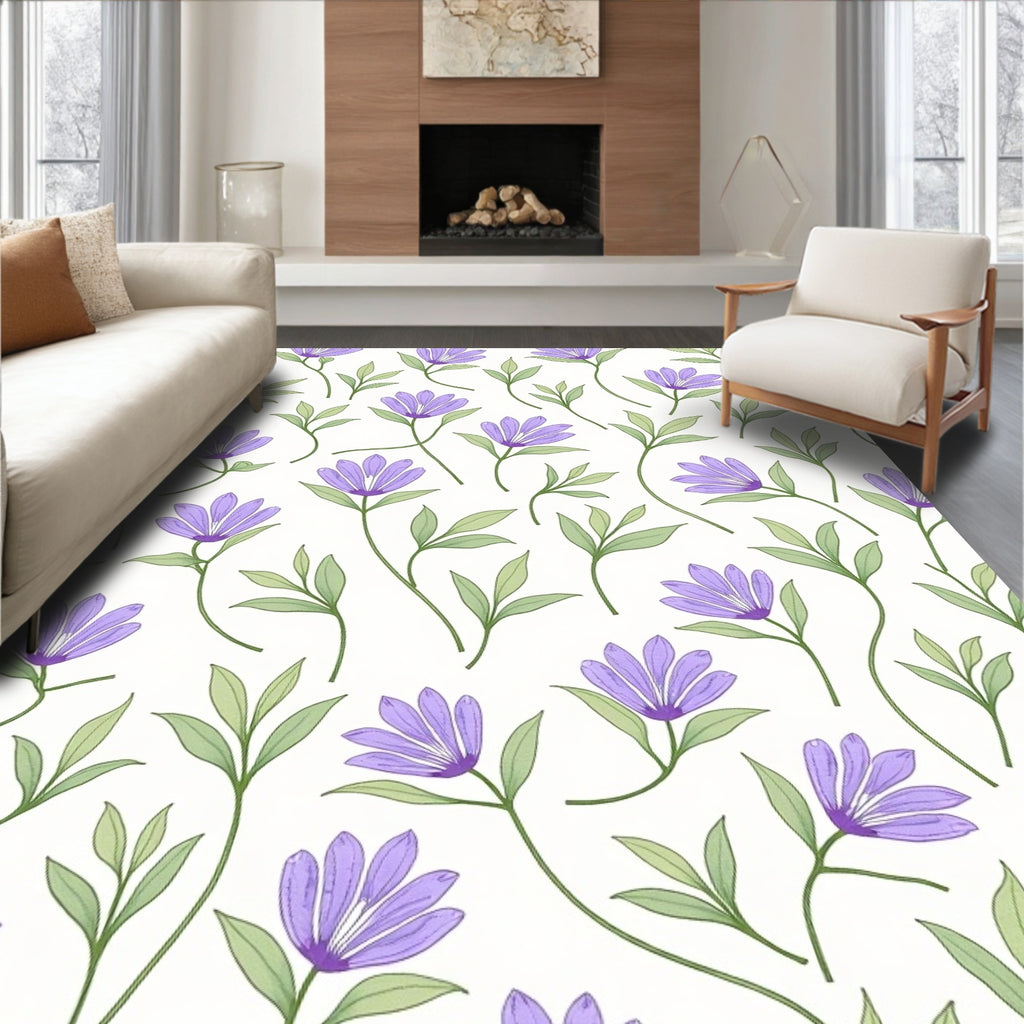 Delicate Purple Floral Botanical Pattern Rug