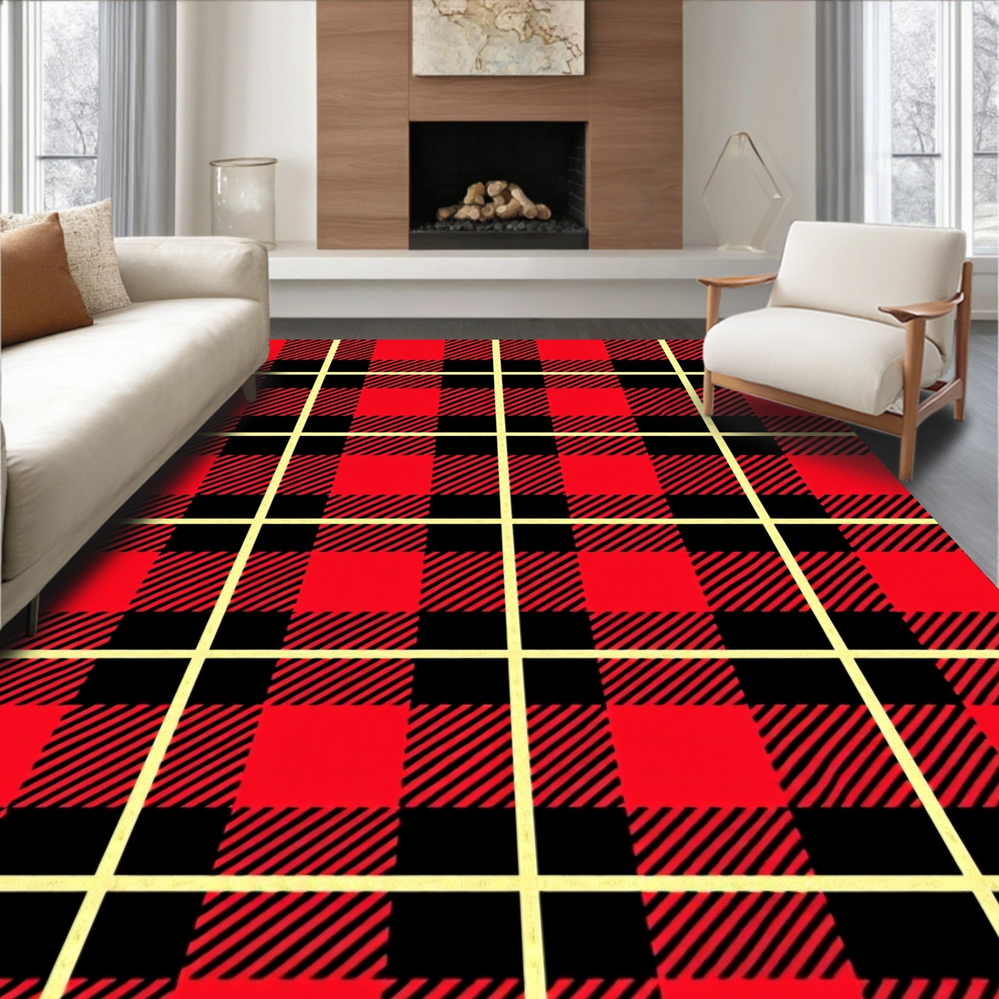 Red Black Bold Plaid Pattern Rug