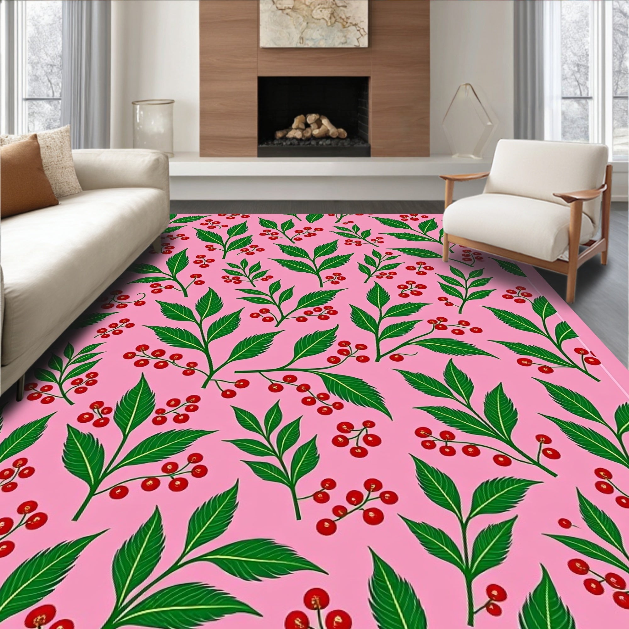 Pink Garden Berry Leaf Arrangement Rug