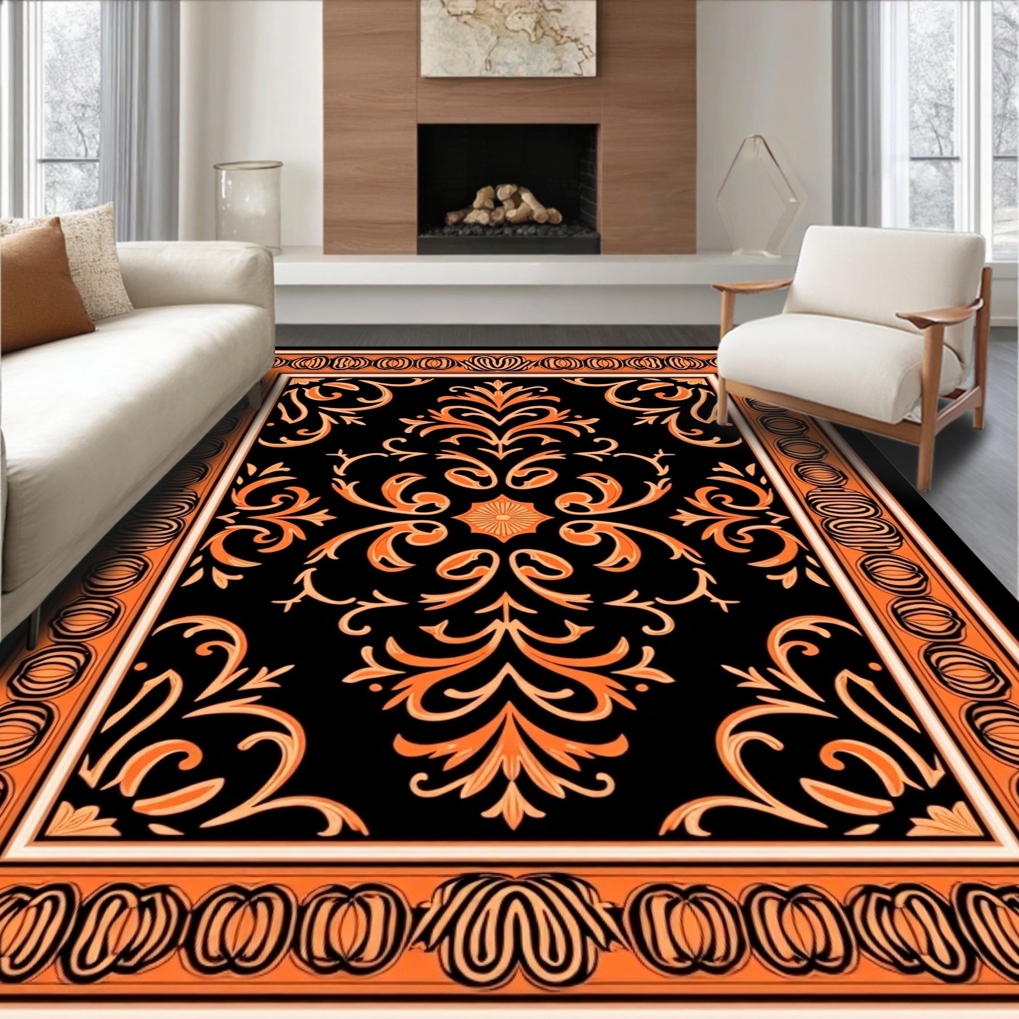 Orange Floral Elegant Damask Pattern Rug