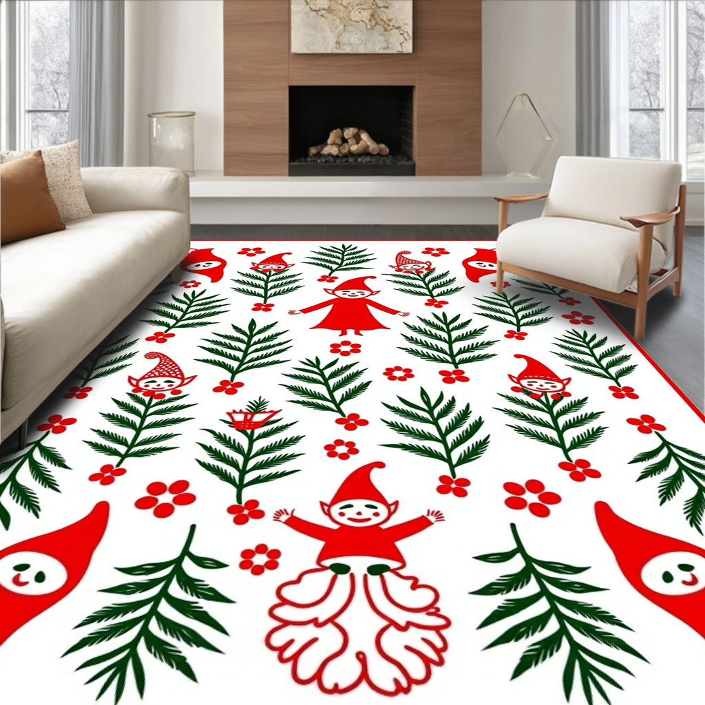 Red Green Elves Folklore Ferns Rug