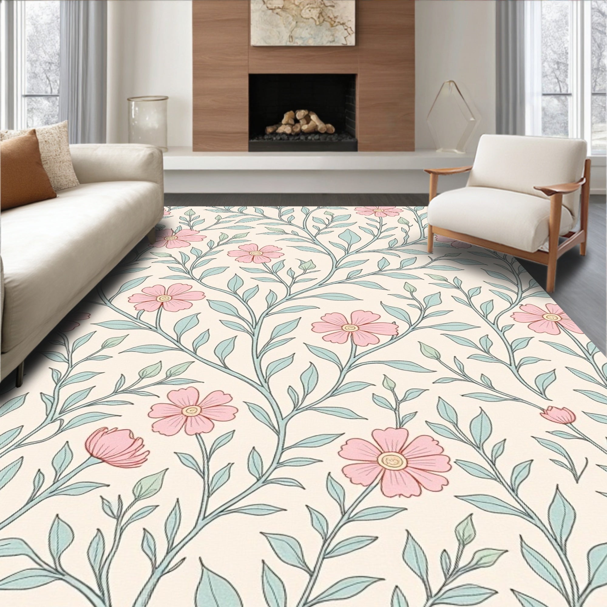 Pink Flower And Leaf Pattern Rug
