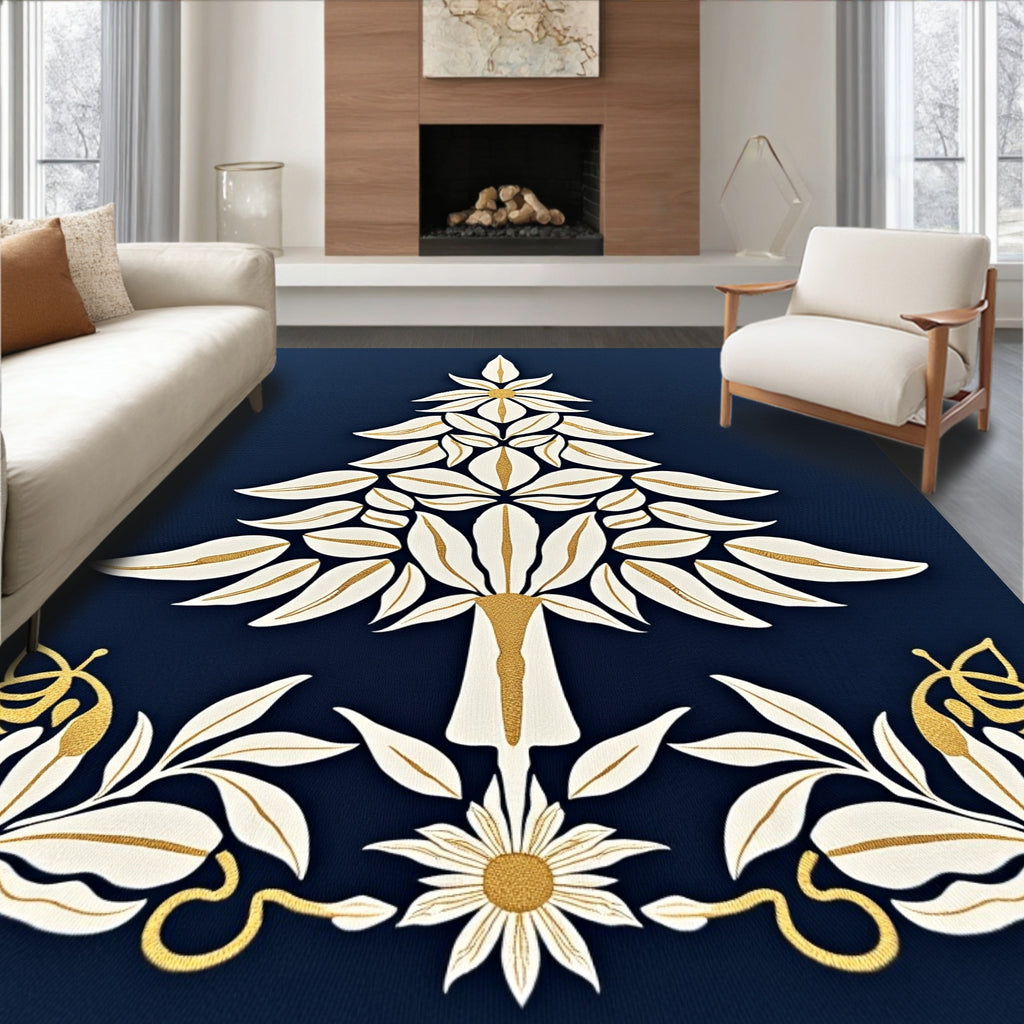 Elegant White Gold Floral Tree Design Rug