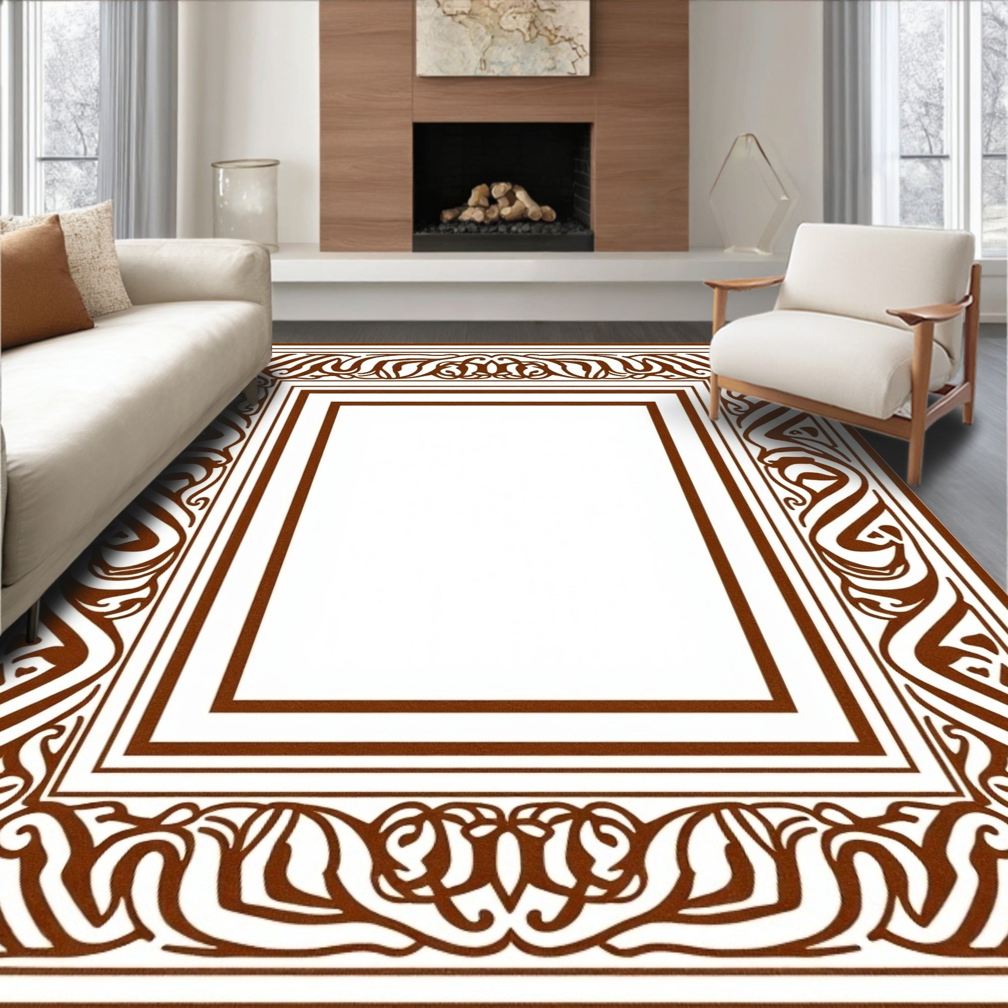 Ornate Scrollwork Patterned Brown Frame Rug