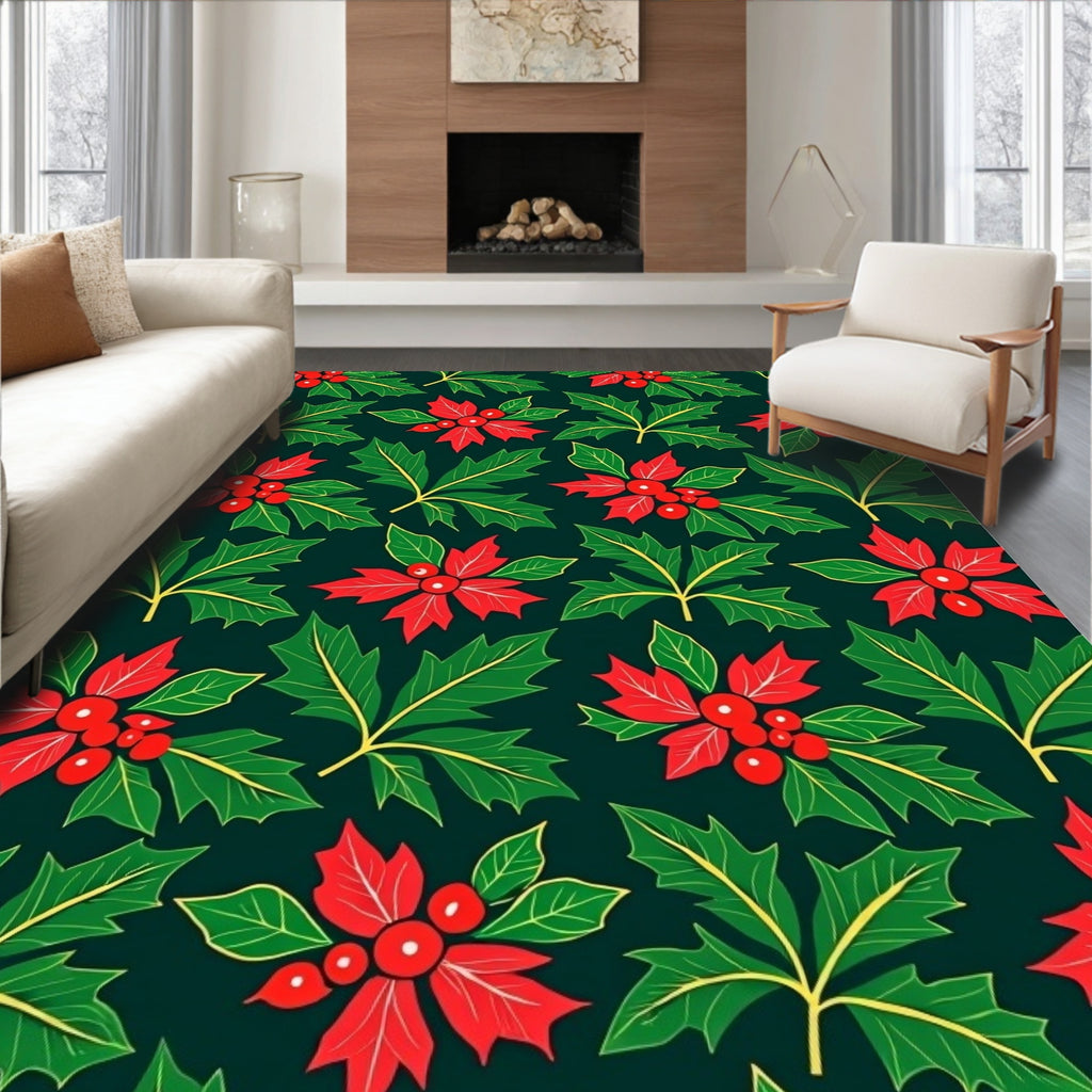 Festive Red Green Holly Pattern Rug