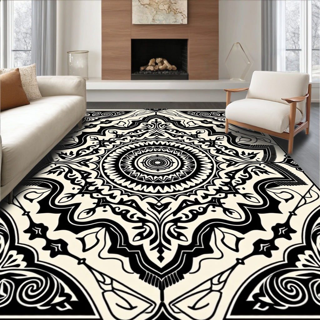 Intricate Black Mandala Symmetry Pattern Rug