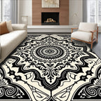 Intricate Black Mandala Symmetry Pattern Rug