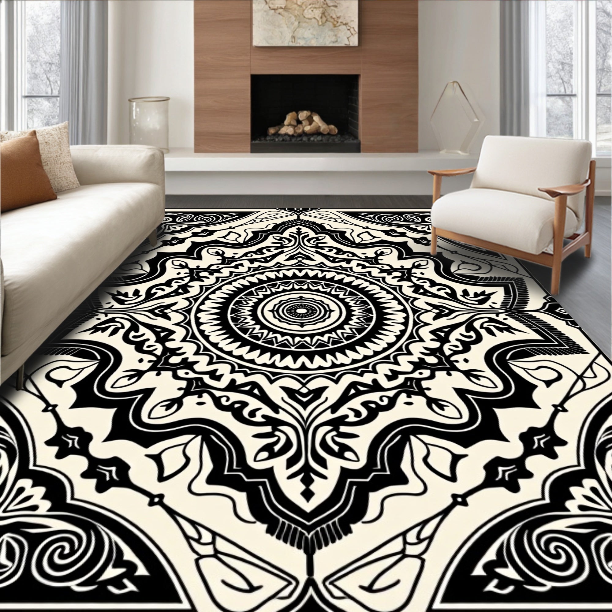 Intricate Black Mandala Symmetry Pattern Rug