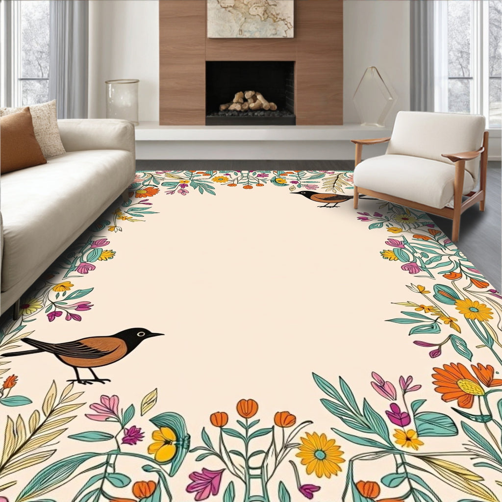 Whimsical Floral Birds Design Frame Rug